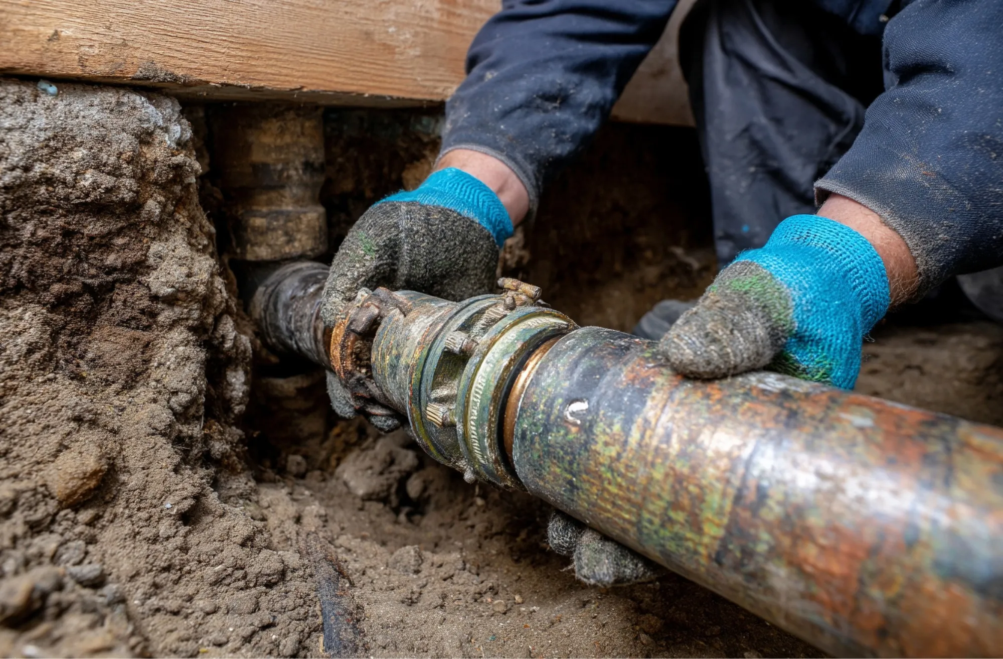 Gloved hands of a worker repairing or installing a rusty metal pipe underground.