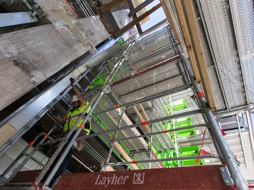 Safety harnessed scaffolding