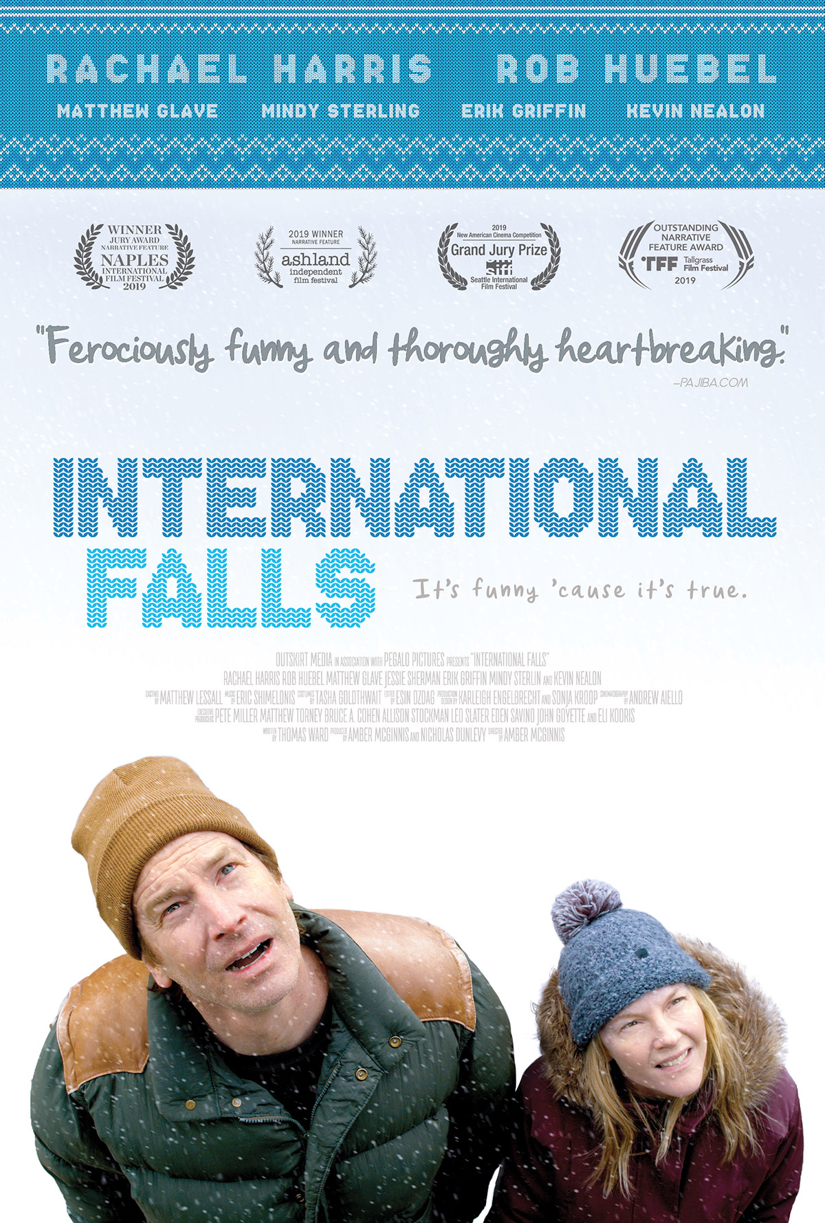 International Falls film poster for Outskirt Media — knitted-pattern title above two characters in winter coats and snow