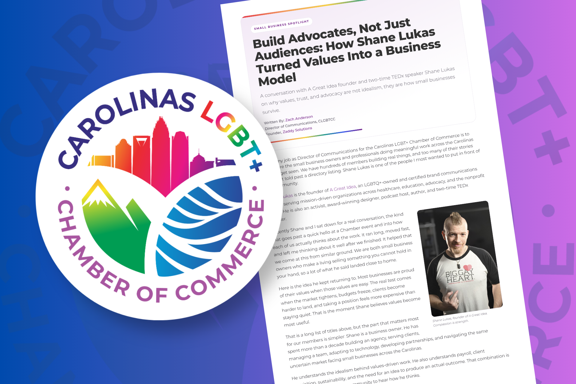 Carolinas LGBT+ Chamber Spotlight: Shane Lukas on Values as a Business Strategy — coverage in CLGBTCC Website