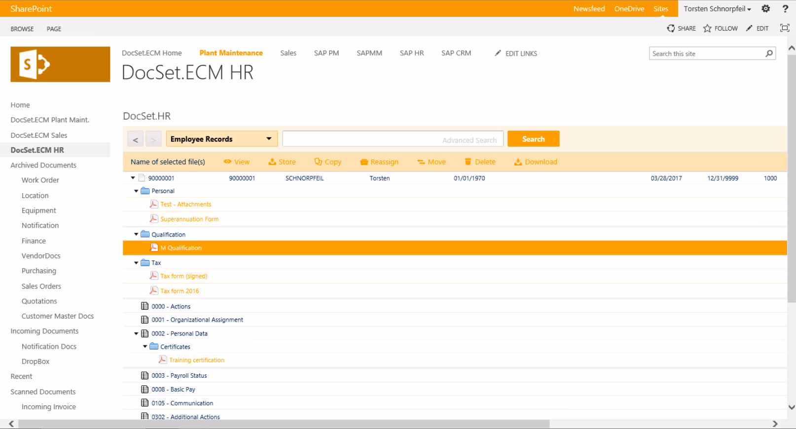 Screenshot of SharePoint displaying DocSet ECM HR