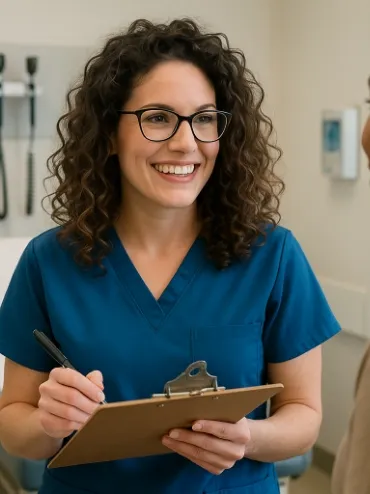 Smiling female nurse or medical professional wearing glasses and blue scrubs holding a clipboard and pen in a clinic room.