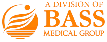 Logo of A Division of Bass Medical Group in orange text with an abstract circular design featuring a dot and curved lines.