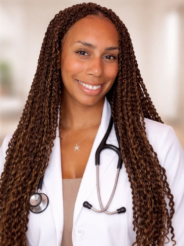 Professional headshot of nurse practitioner Tahtyana Jones in white medical scrubs.