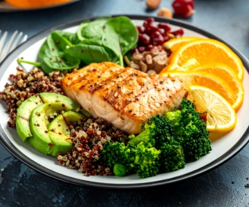 DASH diet meal with vegetables, whole grains, and lean protein to support healthy blood pressure.