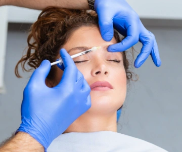 Woman receiving a Botox injection to reduce the appearance of forehead lines in a medical setting.