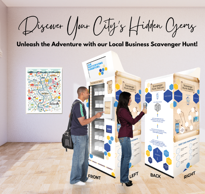 people engaging with scavenger hunt vending machine