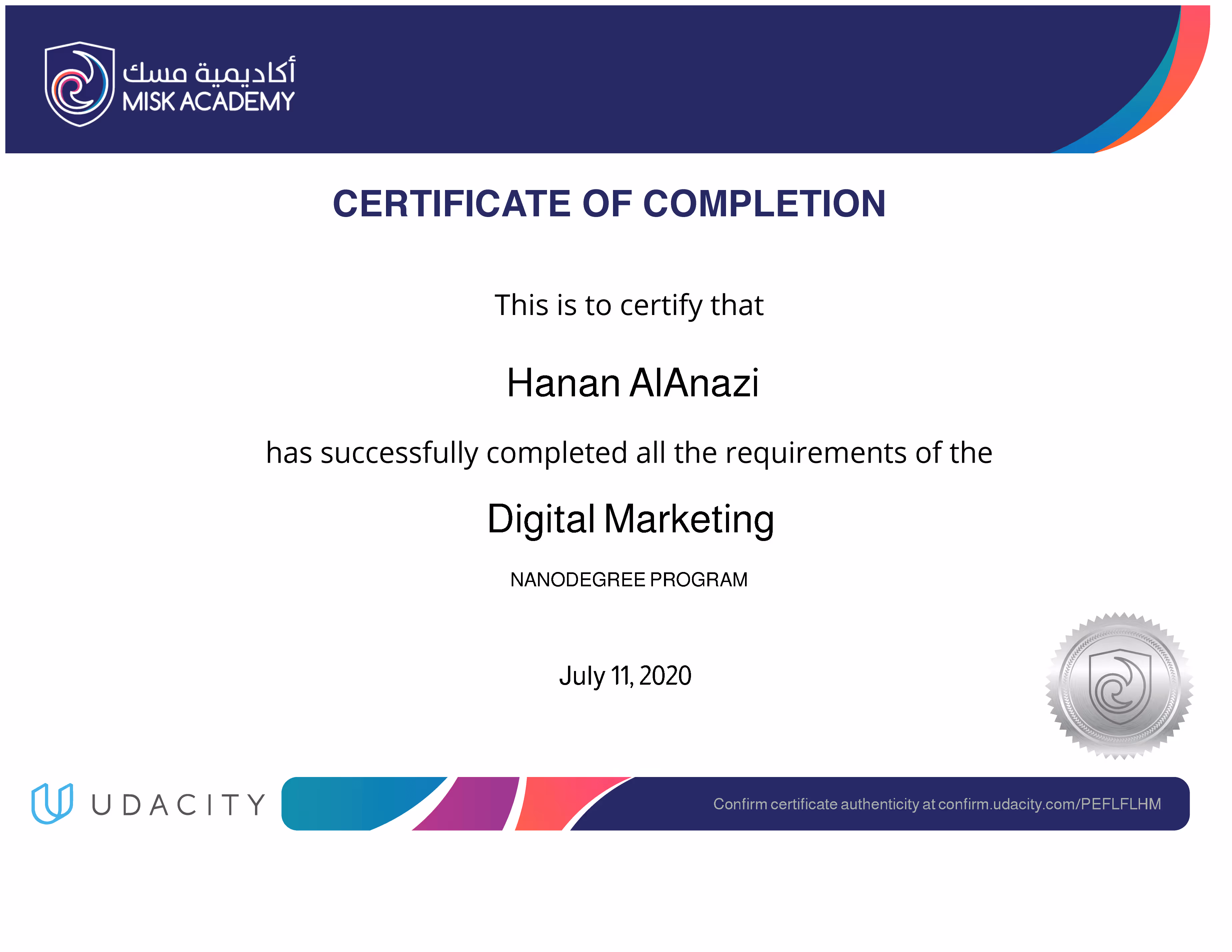 DMND certificate of completion