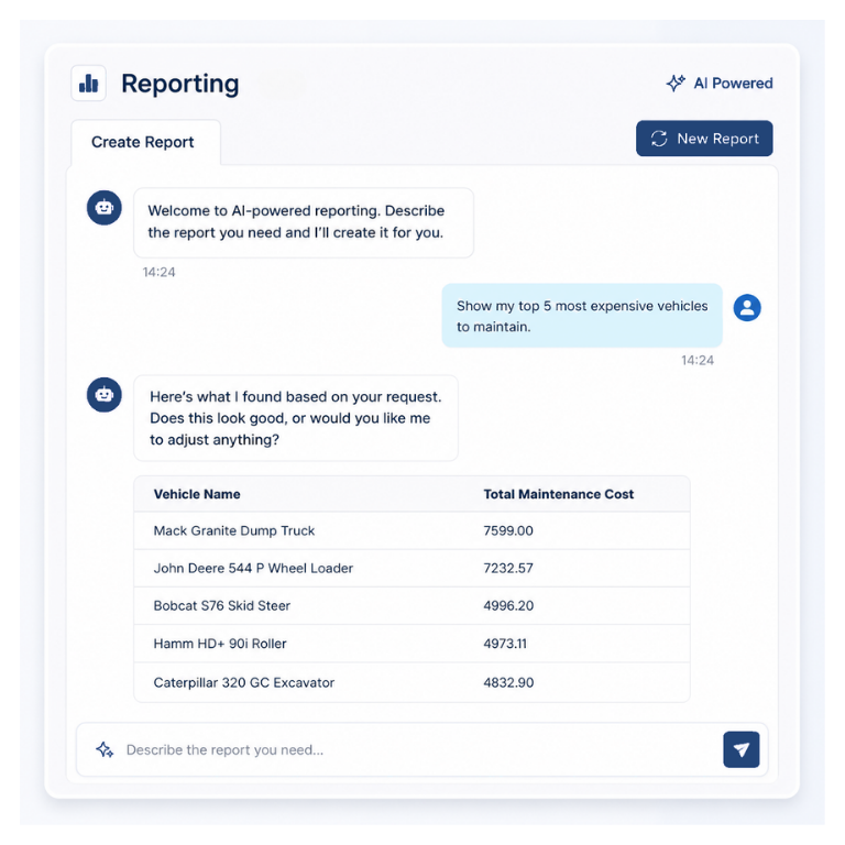 Simply Fleet AI reporting showing a fleet manager asking for the five most expensive vehicles to maintain and receiving a ranked maintenance cost report.