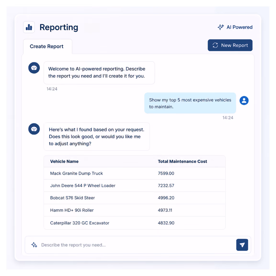 Simply Fleet AI reporting showing a fleet manager asking for the five most expensive vehicles to maintain and receiving a ranked maintenance cost report.