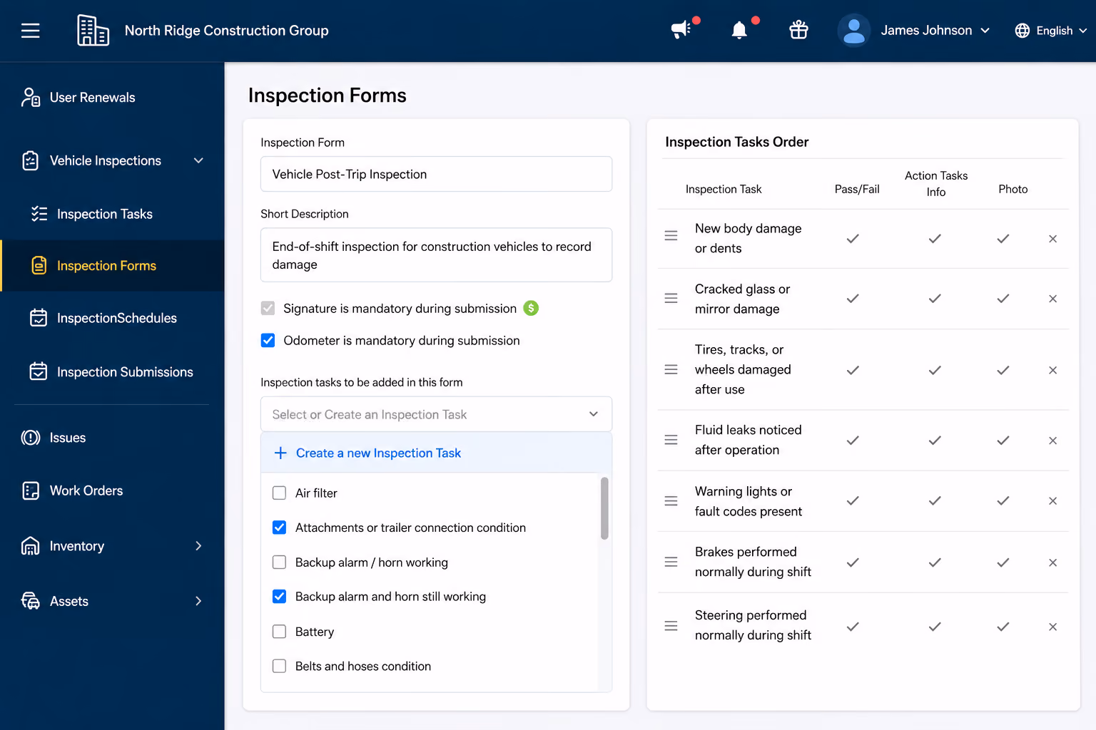 Inspection form in Simply Fleet construction fleet management software
