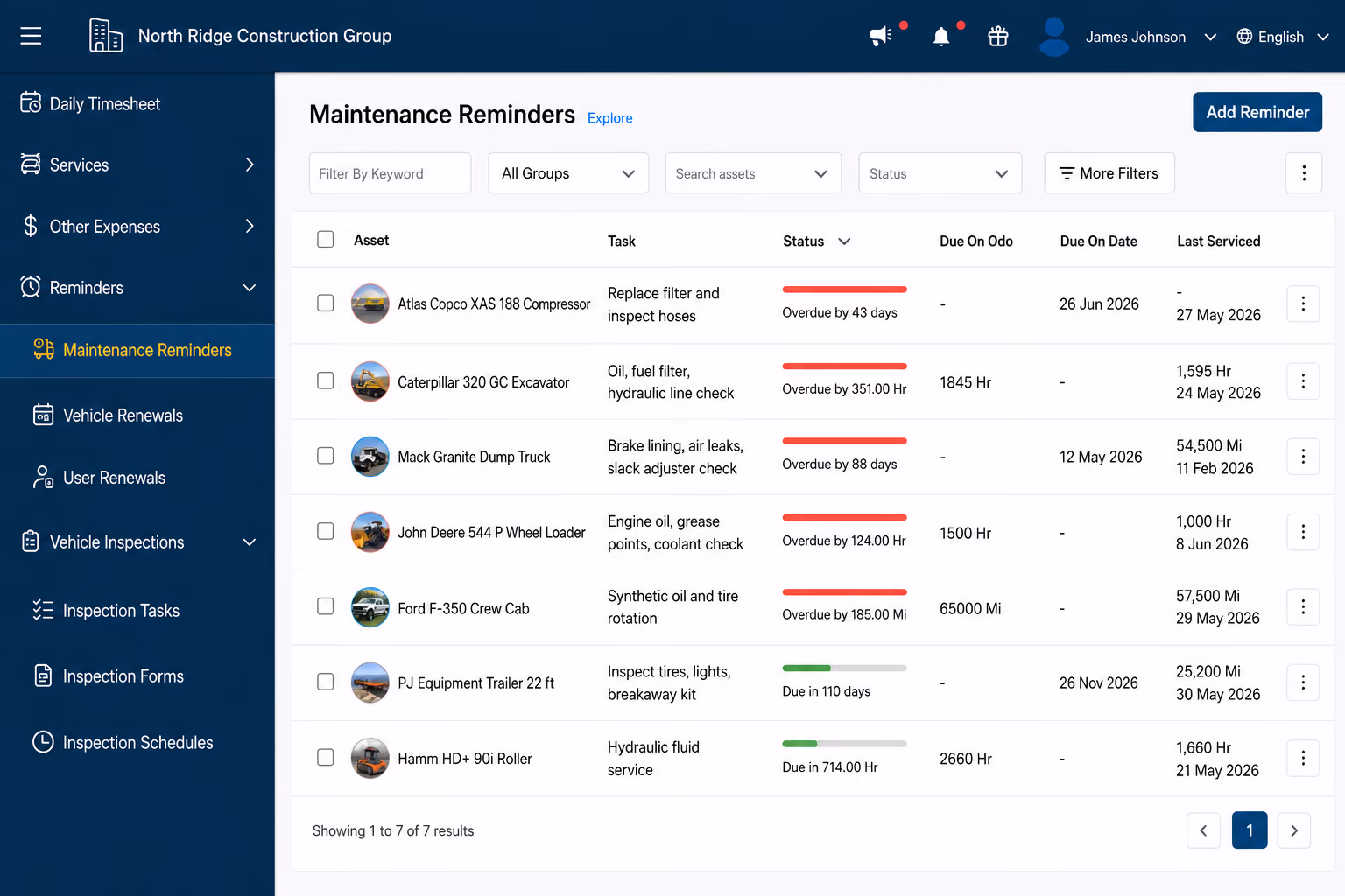 Preventive maintenance schedule in Simply Fleet construction fleet management software