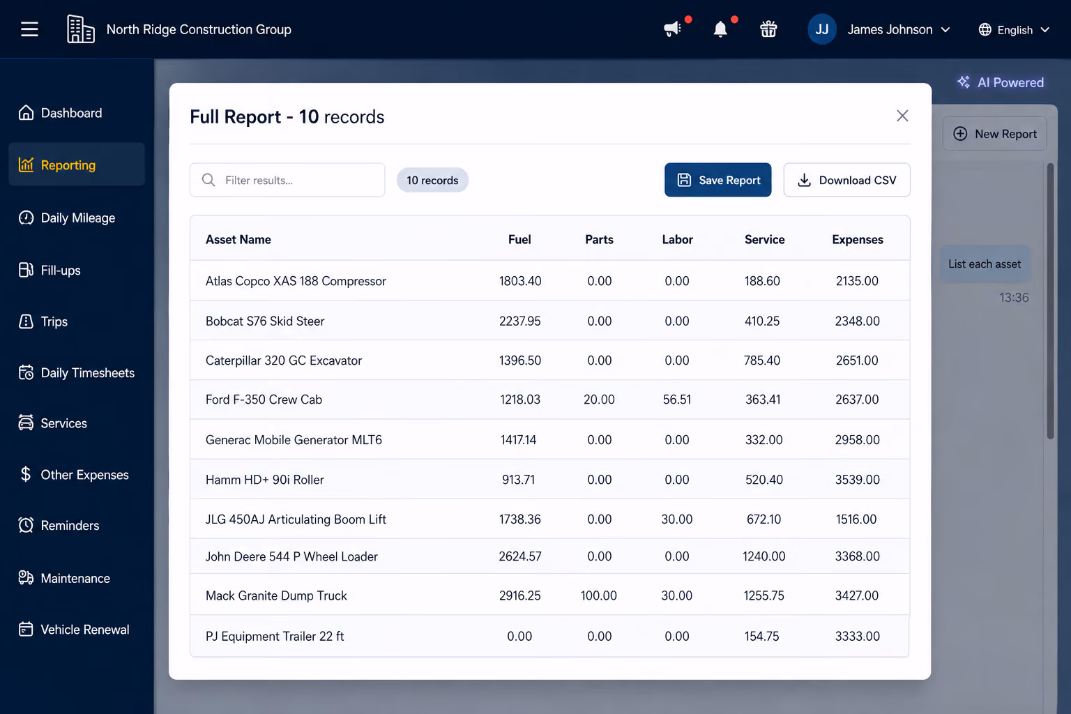 Cost per asset report in Simply Fleet construction fleet management software