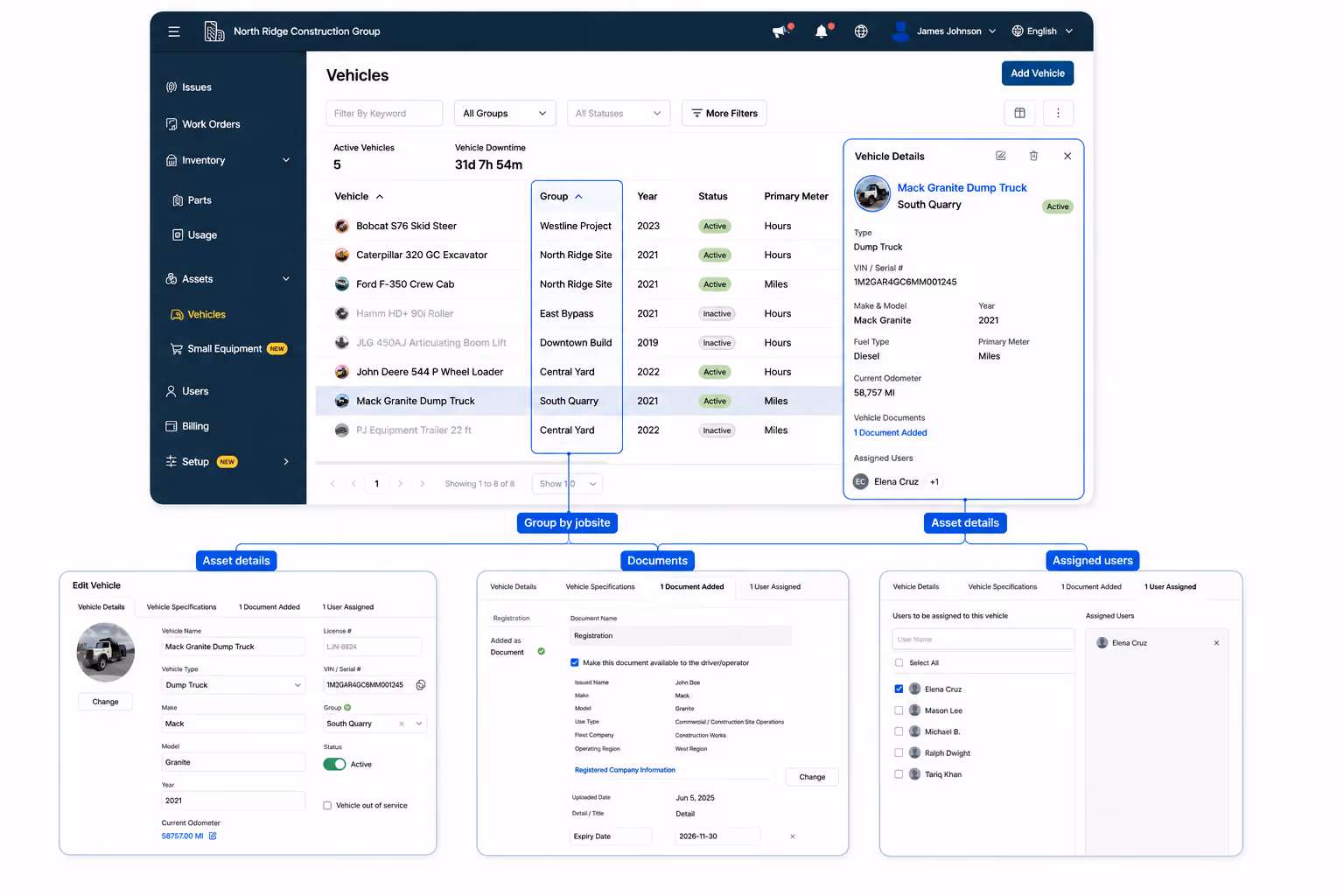 Vehicles grouped by jobsite with asset details, documents, and assigned users in Simply Fleet construction fleet management software