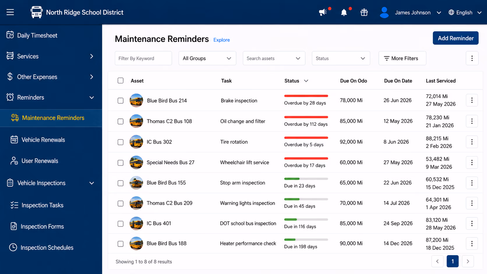 Simply Fleet preventive maintenance reminders showing upcoming and due service