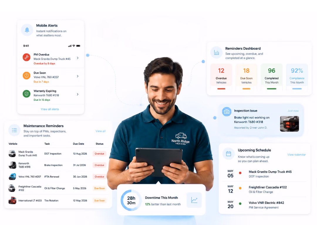 Simply Fleet preventive maintenance reminders showing upcoming and due service