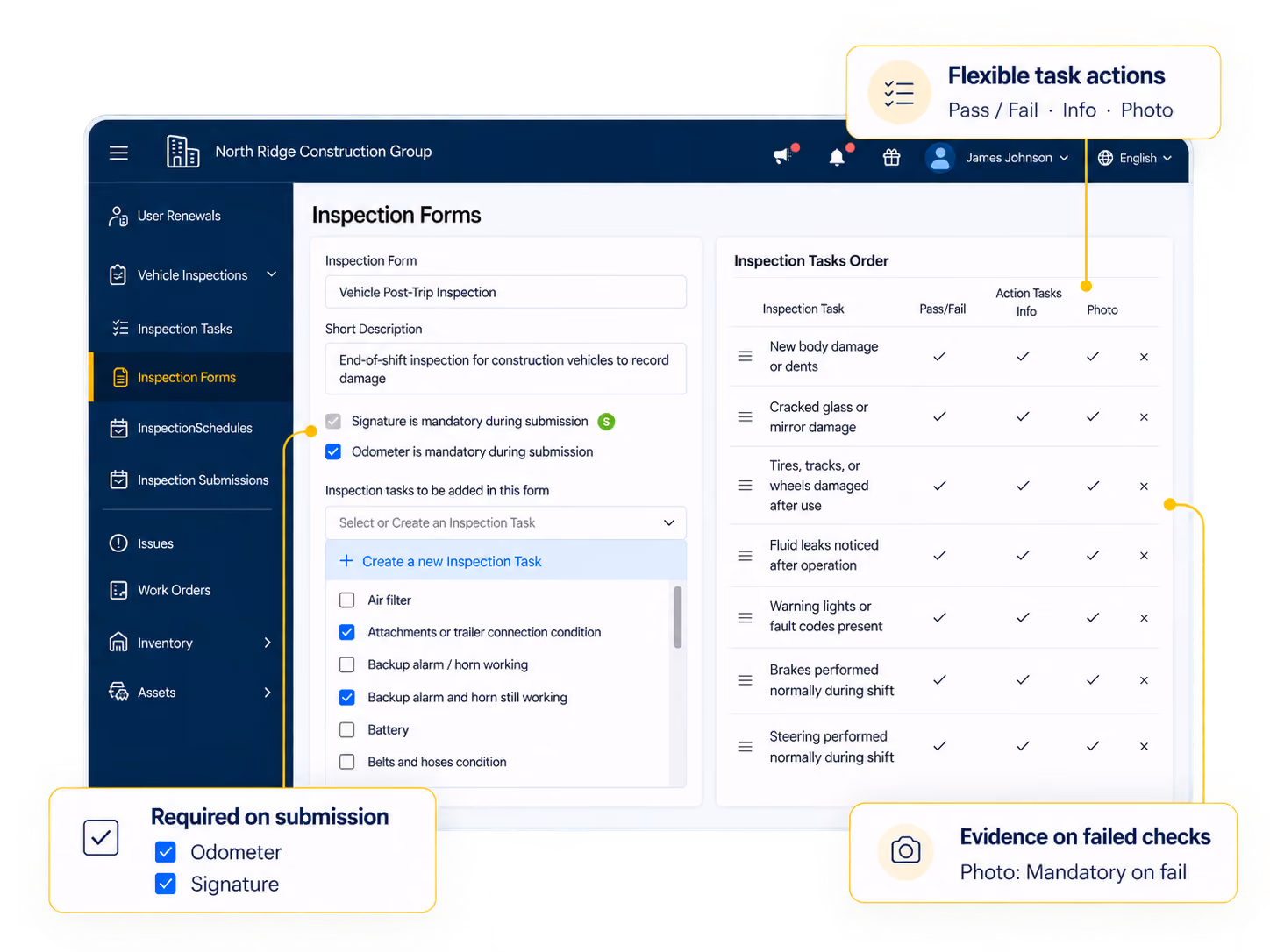 Simply Fleet digital inspection form builder with task actions and required submission fields