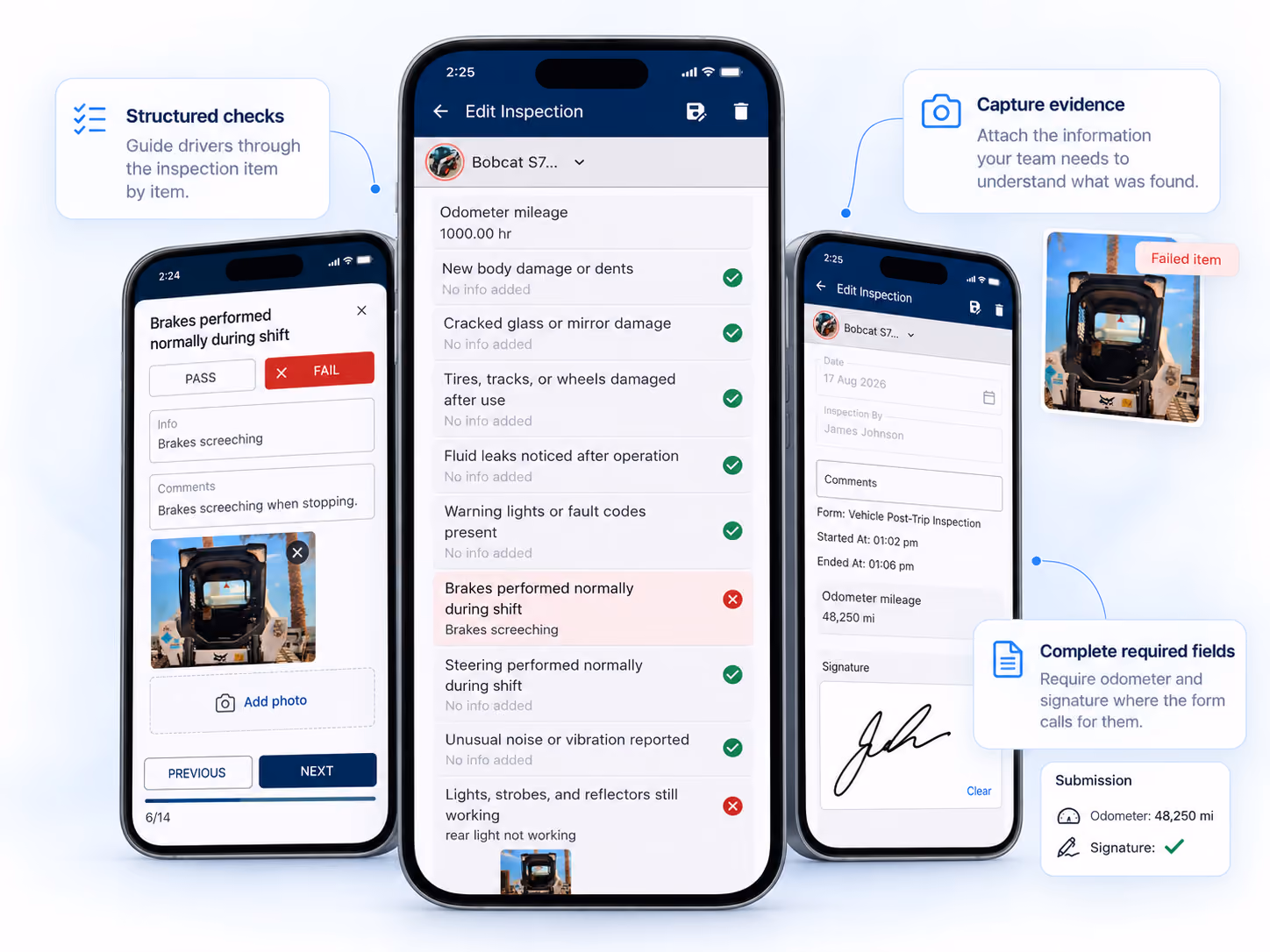 Simply Fleet mobile vehicle inspection app with pass fail checks, photos, odometer and signature