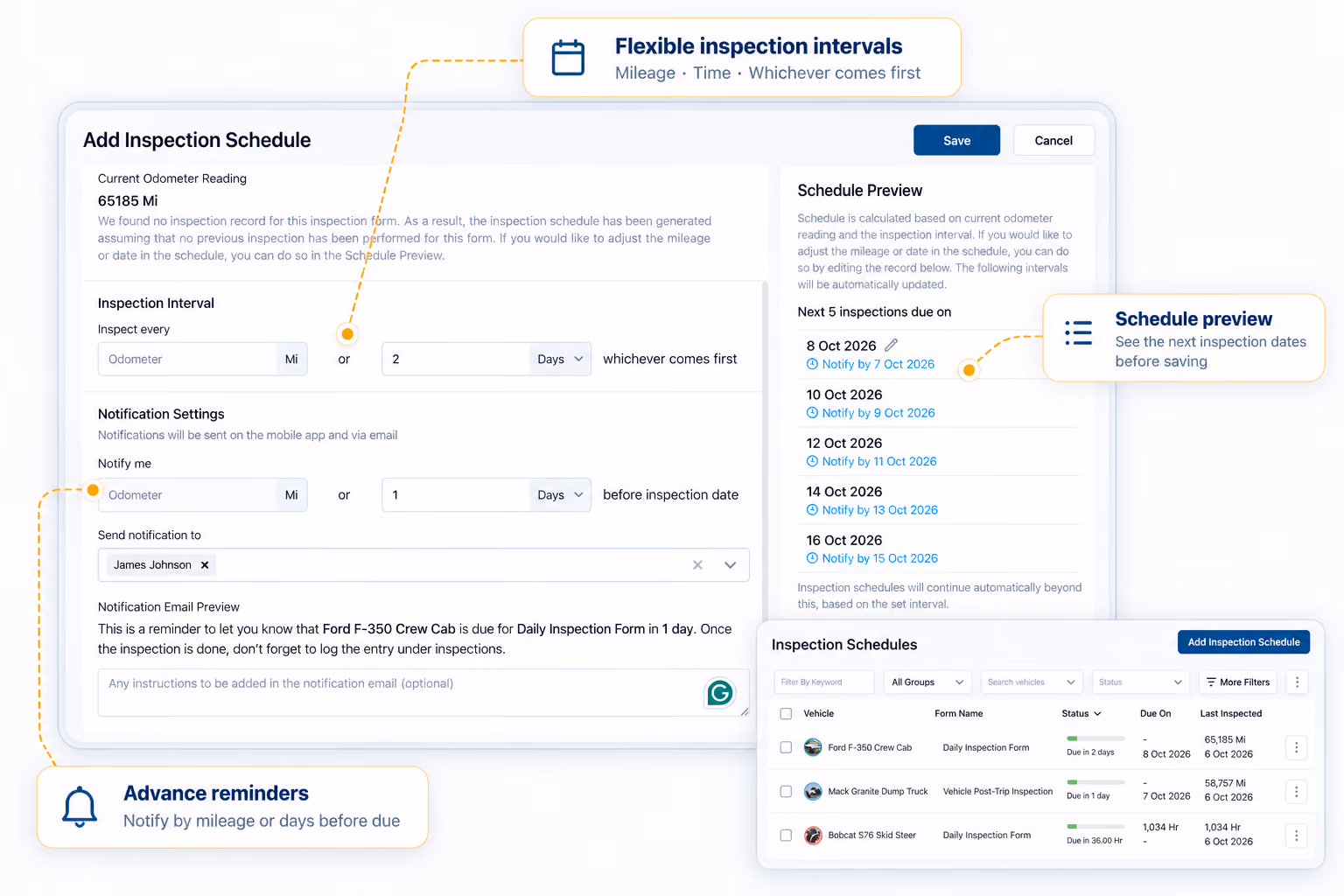 Simply Fleet inspection scheduling with mileage, time, reminders and schedule preview