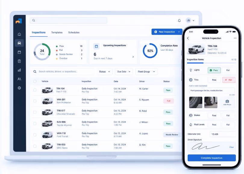 Simply Fleet vehicle inspection software showing digital inspection records