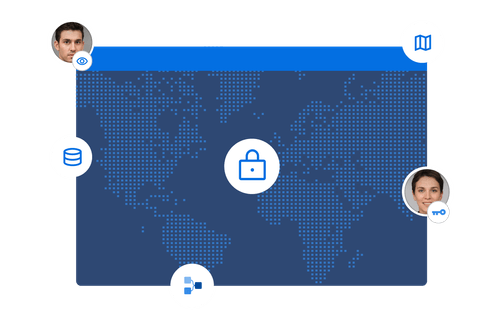 A global map with icons representing data security, user profiles, access control, and authentication.