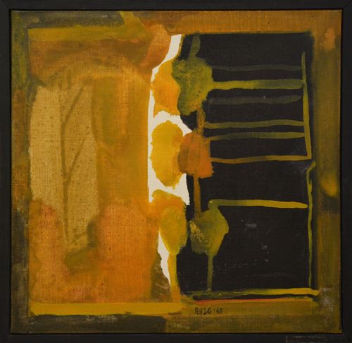 Vue de près de l'œuvre de Sayed Raza, les couleurs utilisées sont le jaune le blanc et le noir - galerie ab- investissement- paris