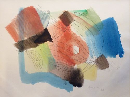 Vue de près, l'œuvre est composée de bleu, jaune, noir et de rouge sur un fond blanc Œuvre Moderne Art Modern Exposition Expo Paris FAB Fine Arts la Biennale Galerie AB artiste investissement paris