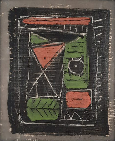 Roger Bissière, Composition 17, 1950 — oil on canvas, an emblematic post-war abstract work exhibited by the AB Agnès Aittouares Gallery in Paris. Superposition of geometric shapes and warm tones revealing Bissière's research between abstraction and figuration, a major testimony of French modern art in the 1950s.