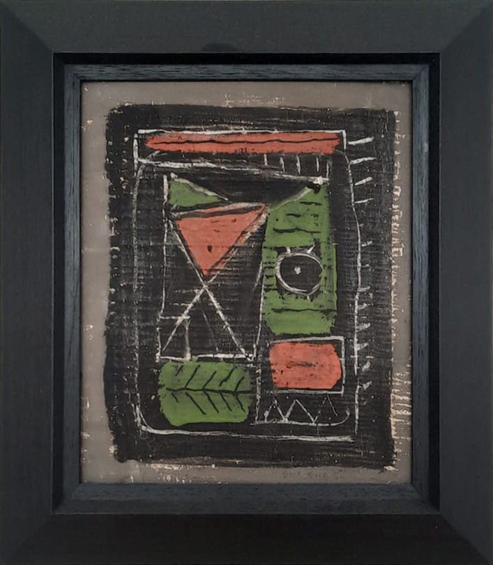 Roger Bissière, Composition 17, 1950 — huile sur toile avec cadre d’époque, présentée par la Galerie AB Agnès Aittouares à Paris. Œuvre abstraite d’après-guerre aux formes géométriques et tonalités chaudes, mise en valeur par un encadrement sobre soulignant l’élégance de l’art moderne français des années 1950.