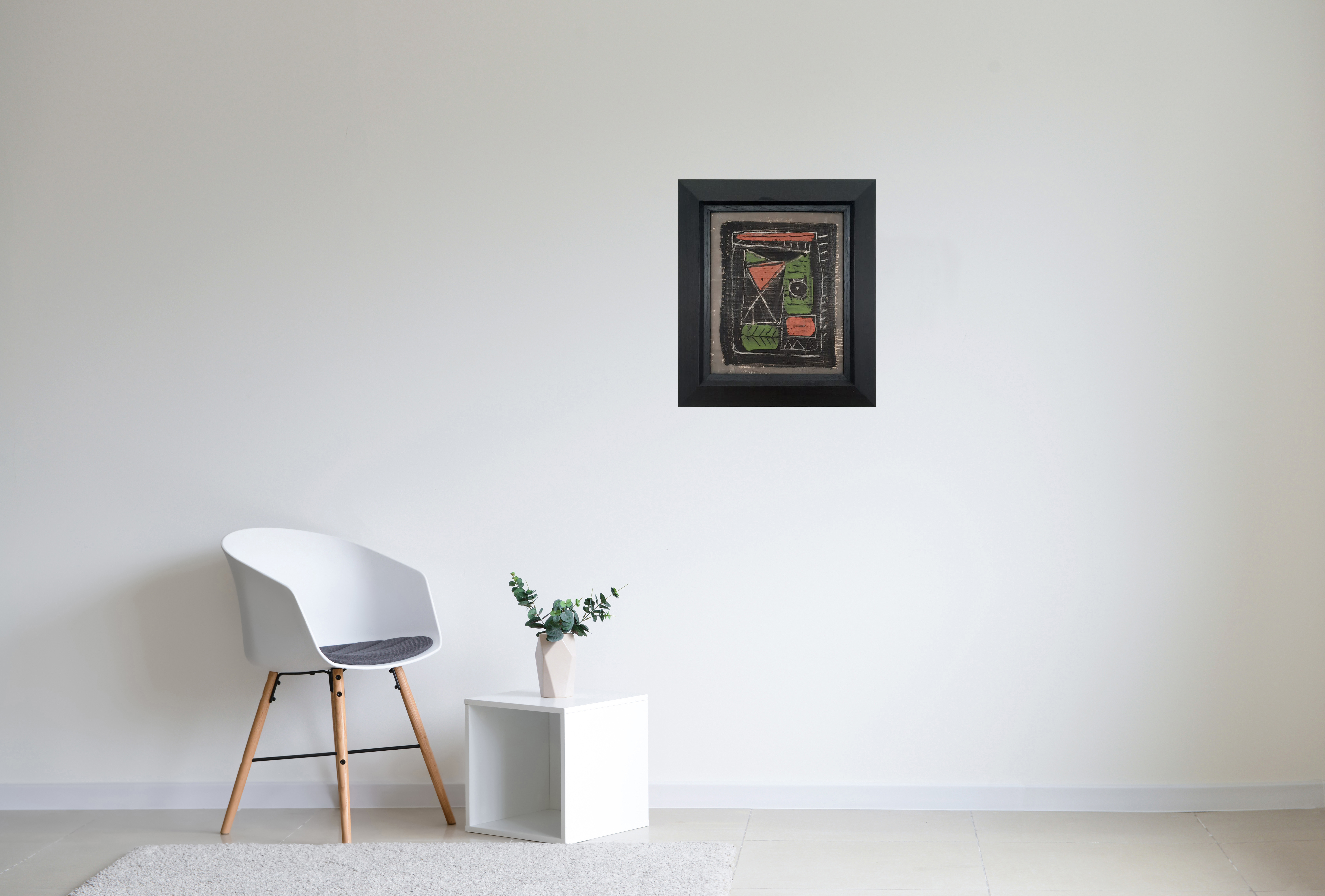 Roger Bissière, Composition 17, 1950 — huile sur toile exposée dans un intérieur moderne par la Galerie AB Agnès Aittouares à Paris. Œuvre abstraite aux formes géométriques et couleurs chaudes, mise en situation avec son cadre, illustrant l’élégance et la force de l’art moderne français dans un espace de vie contemporain.