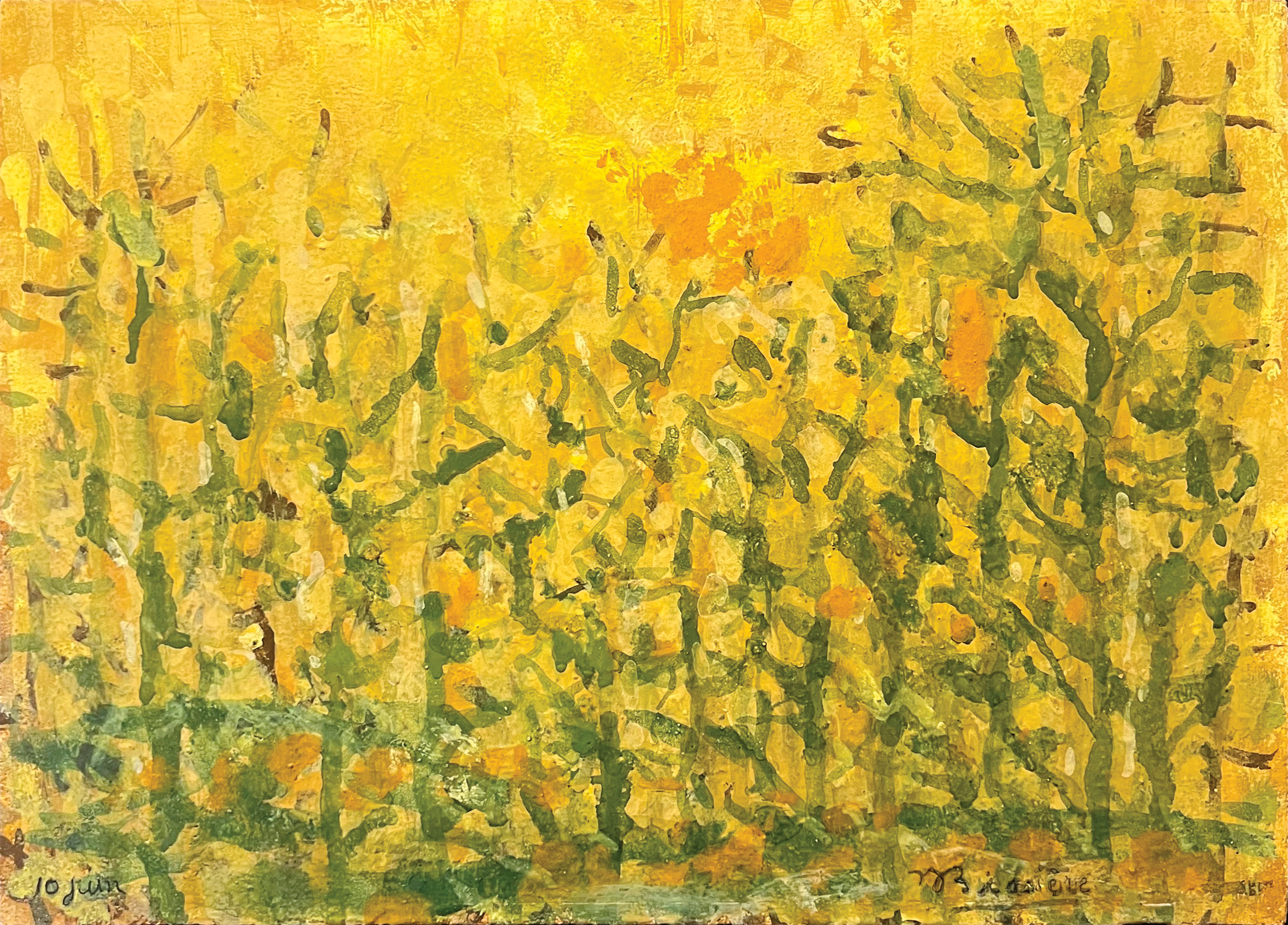 Roger Bissière, June 10, 1963 — oil on canvas presented by the AB Agnès Aittouares Gallery in Paris. Late abstract composition with vibrant colored touches and a meditative rhythm, testimony to Bissière's artistic maturity and to French modern art of the 1960s.