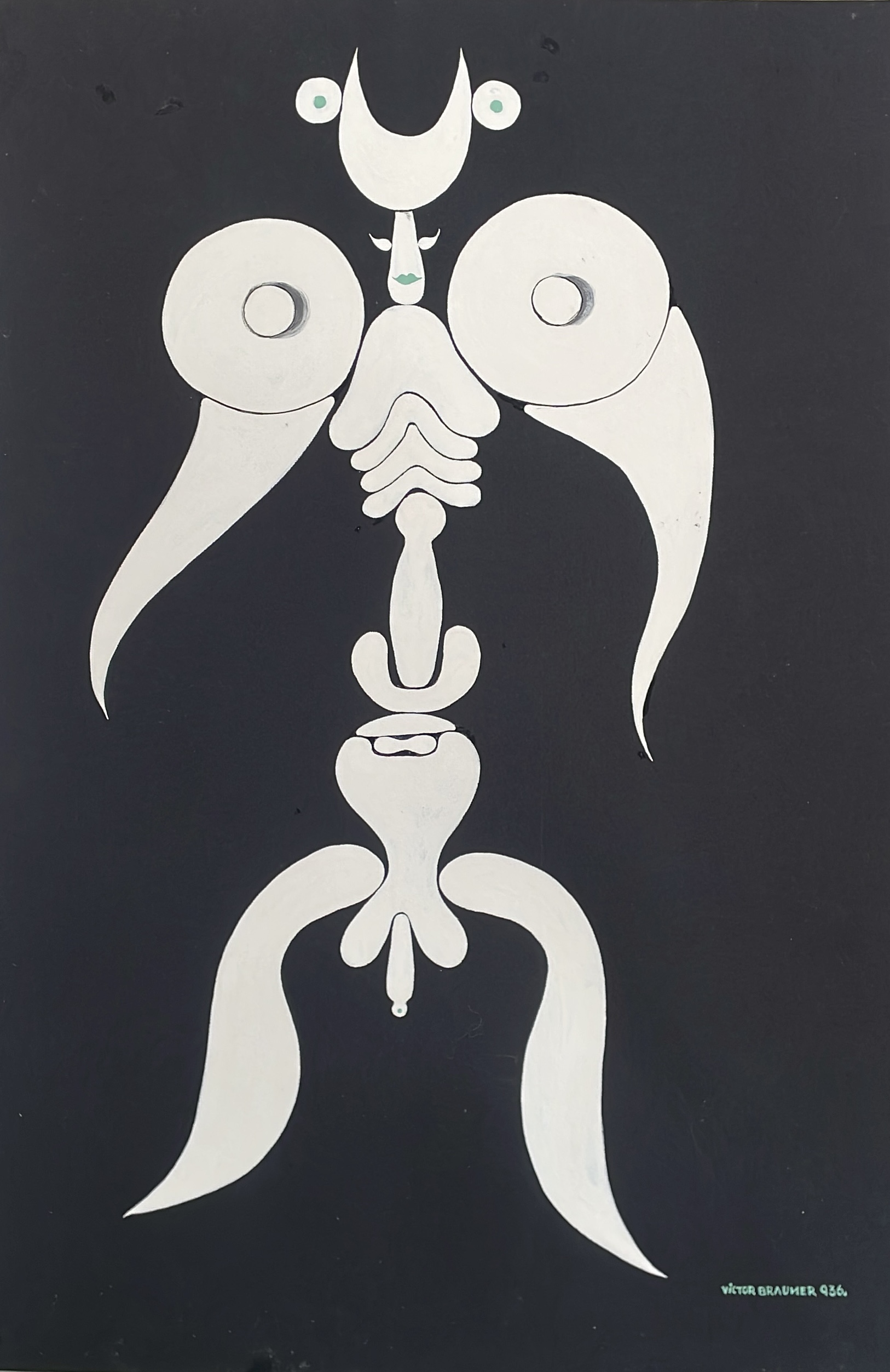 Victor Brauner, Homme seul, 1936 — gouache sur papier présentée par la Galerie AB Agnès Aittouares à Paris. Œuvre surréaliste où la figure masculine, à la fois énigmatique et expressive, reflète l’imaginaire visionnaire et la sensibilité poétique de Brauner dans l’art moderne des années 1930.