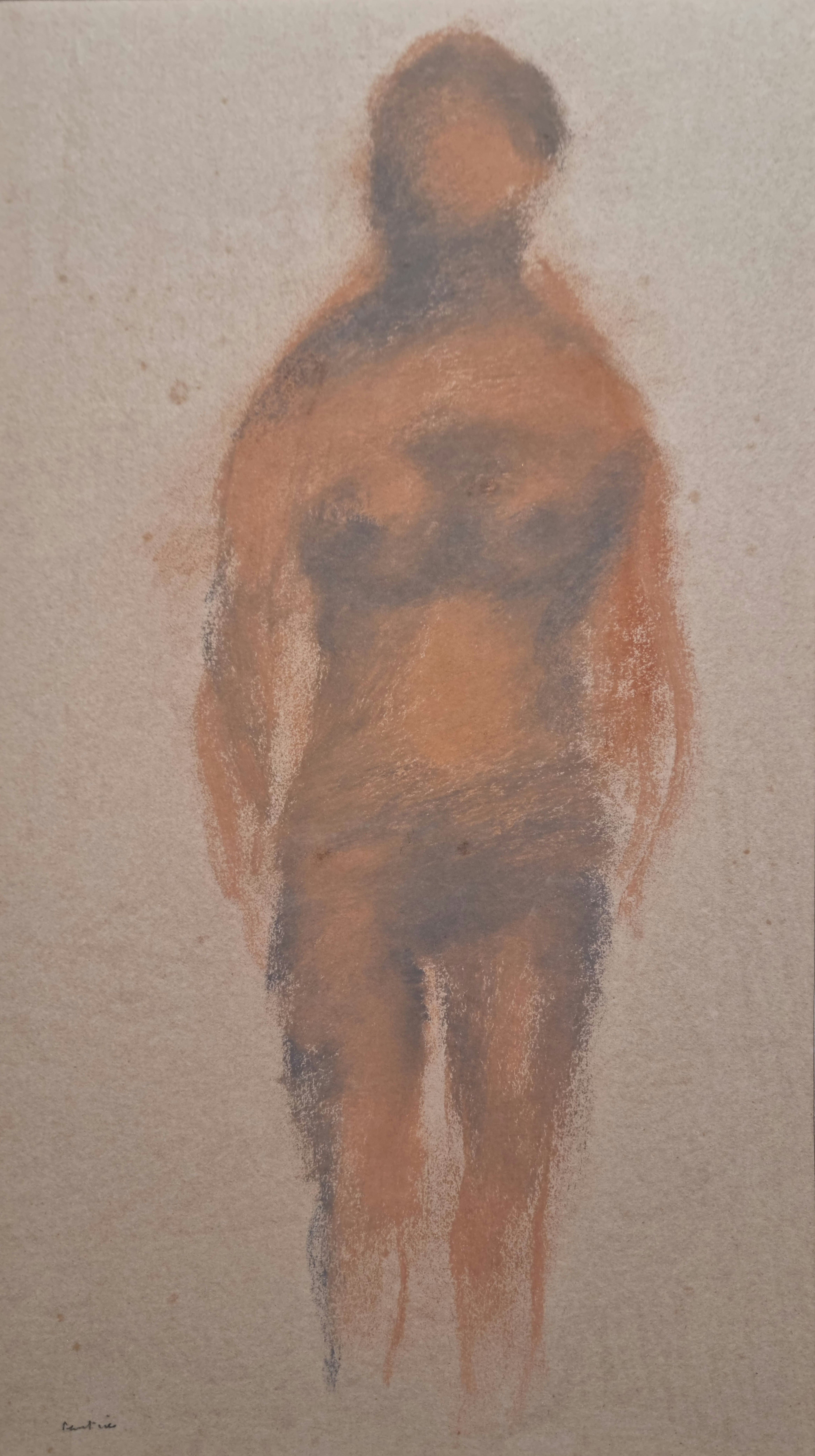 Jean Fatrier, Orange Standing Nude, 1928 — authenticated painting presented by the AB Agnès Aittouares Gallery in Paris. Human figure in warm tones, expressing Fatrier's expressionist and materialist style, illustrating the sculptural strength and tactile sensitivity of 20th-century French modern art.