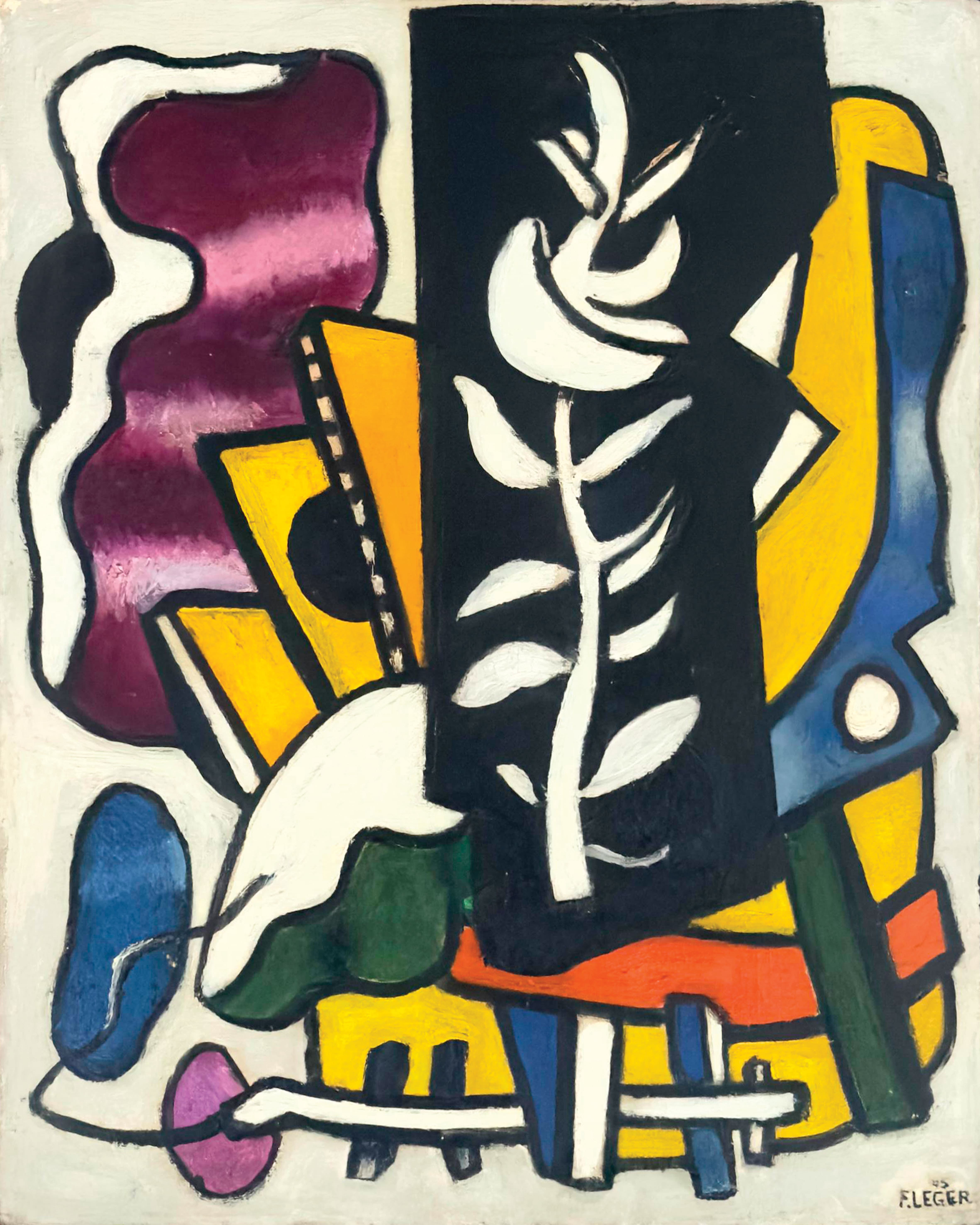 Fernand Léger, The Branch on a Black Background, 1945 — oil on canvas presented by the AB Agnès Aittouares Gallery in Paris. An emblematic composition of Léger's modernist style, where geometric shapes and the powerful contrasts of black and bright colors reflect the plastic strength and innovation of post-war French modern art.