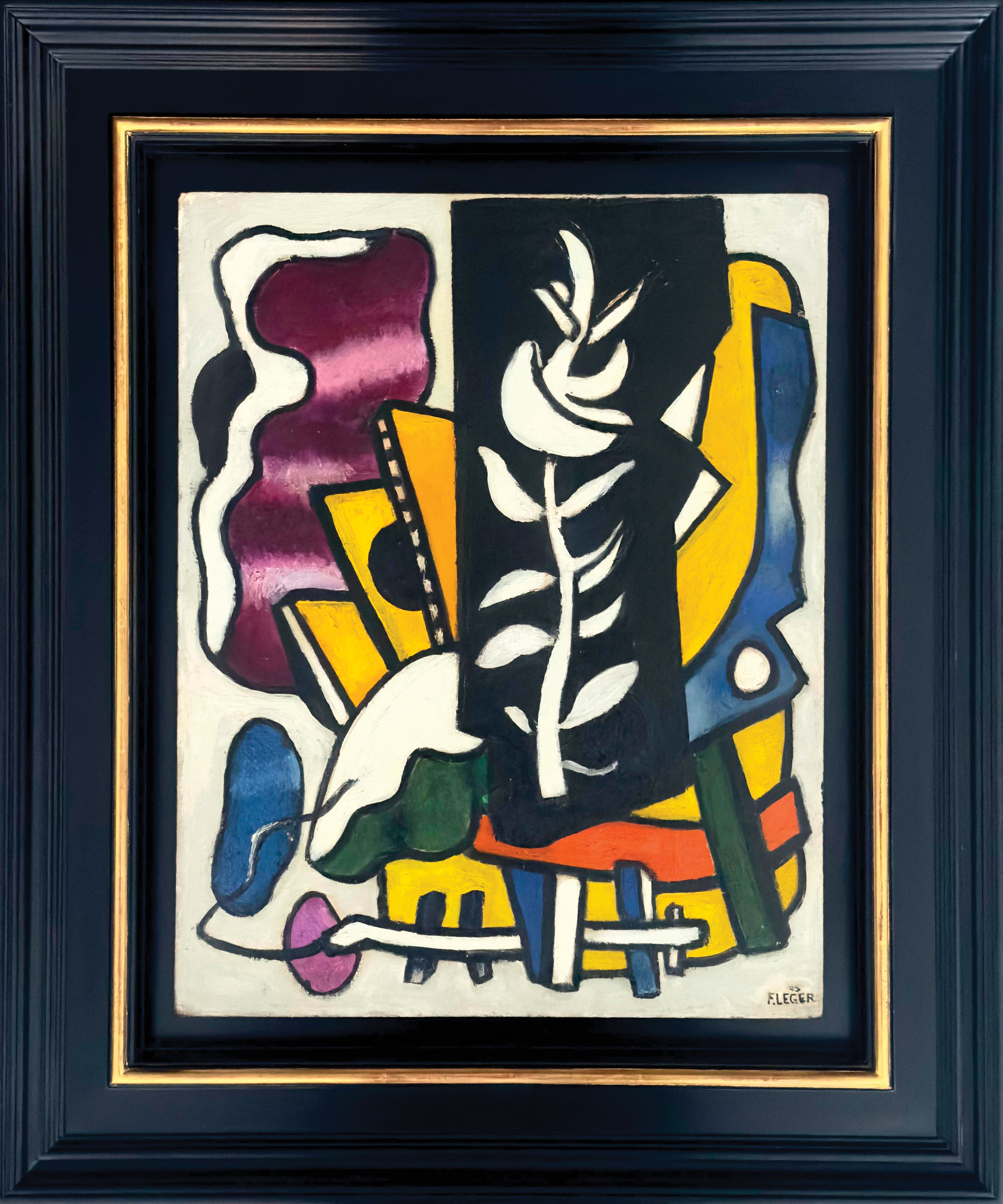 Fernand Léger, The Branch on a Black Background, 1945 — oil on framed canvas presented by the AB Agnès Aittouares Gallery in Paris. Modernist composition where geometric shapes and the powerful contrasts of black and bright colors are enhanced by an elegant frame, underlining the plastic strength and innovation of post-war French modern art.