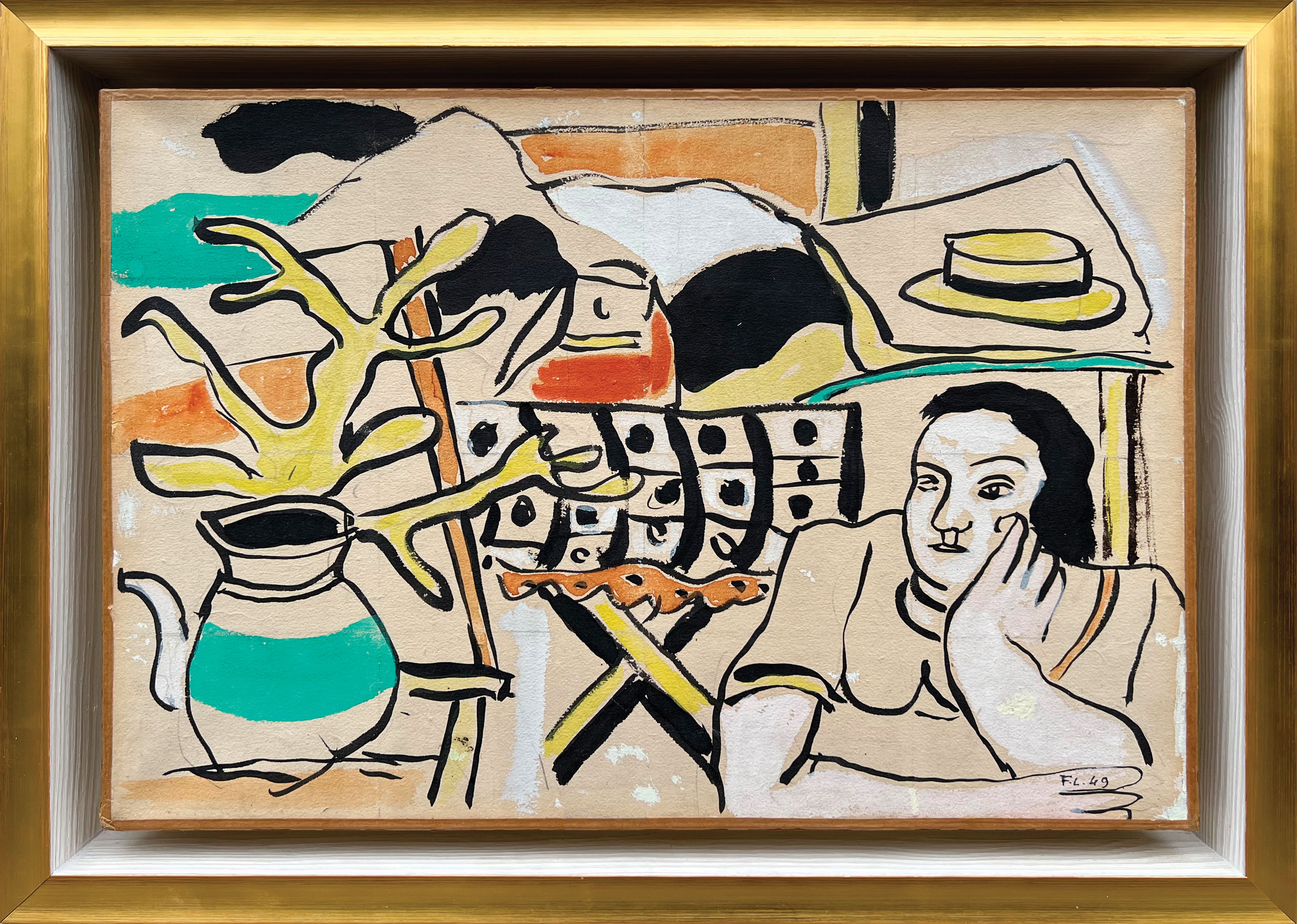 Fernand Léger, A brown woman and a yellow plant, 1949 — framed gouache presented by the AB Agnès Aittouares Gallery in Paris. A modernist work combining geometric shapes and bright colors, enhanced by an elegant frame that highlights the dynamic composition and plastic strength of post-war French modern art.