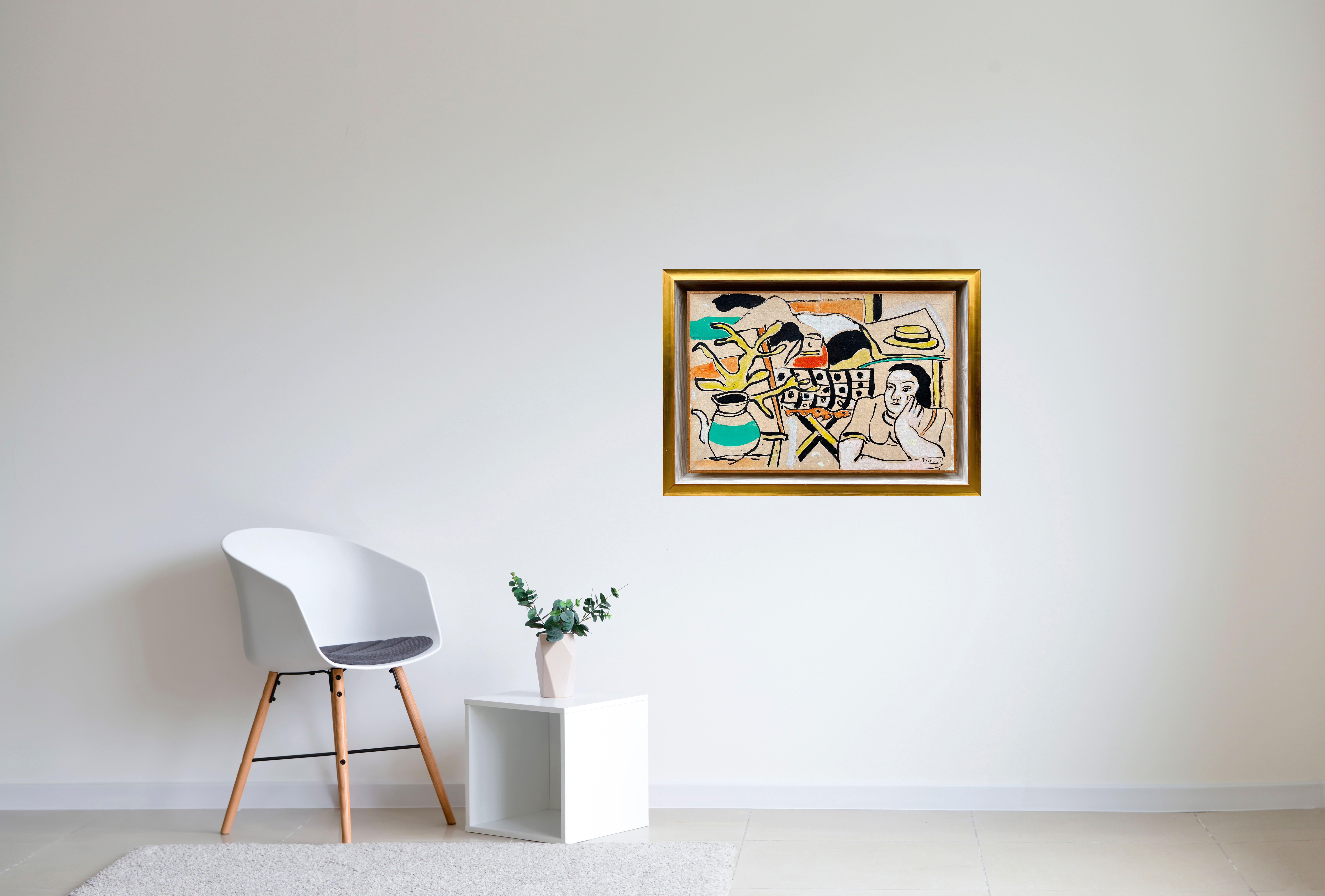 Fernand Léger, A brown woman and a yellow plant, 1949 — framed gouache presented in situation by the AB Agnès Aittouares Gallery in Paris. Modernist work combining geometric shapes and bright colors, integrated into a contemporary space where the frame and the light highlight the dynamic composition and the plastic strength of post-war French modern art.