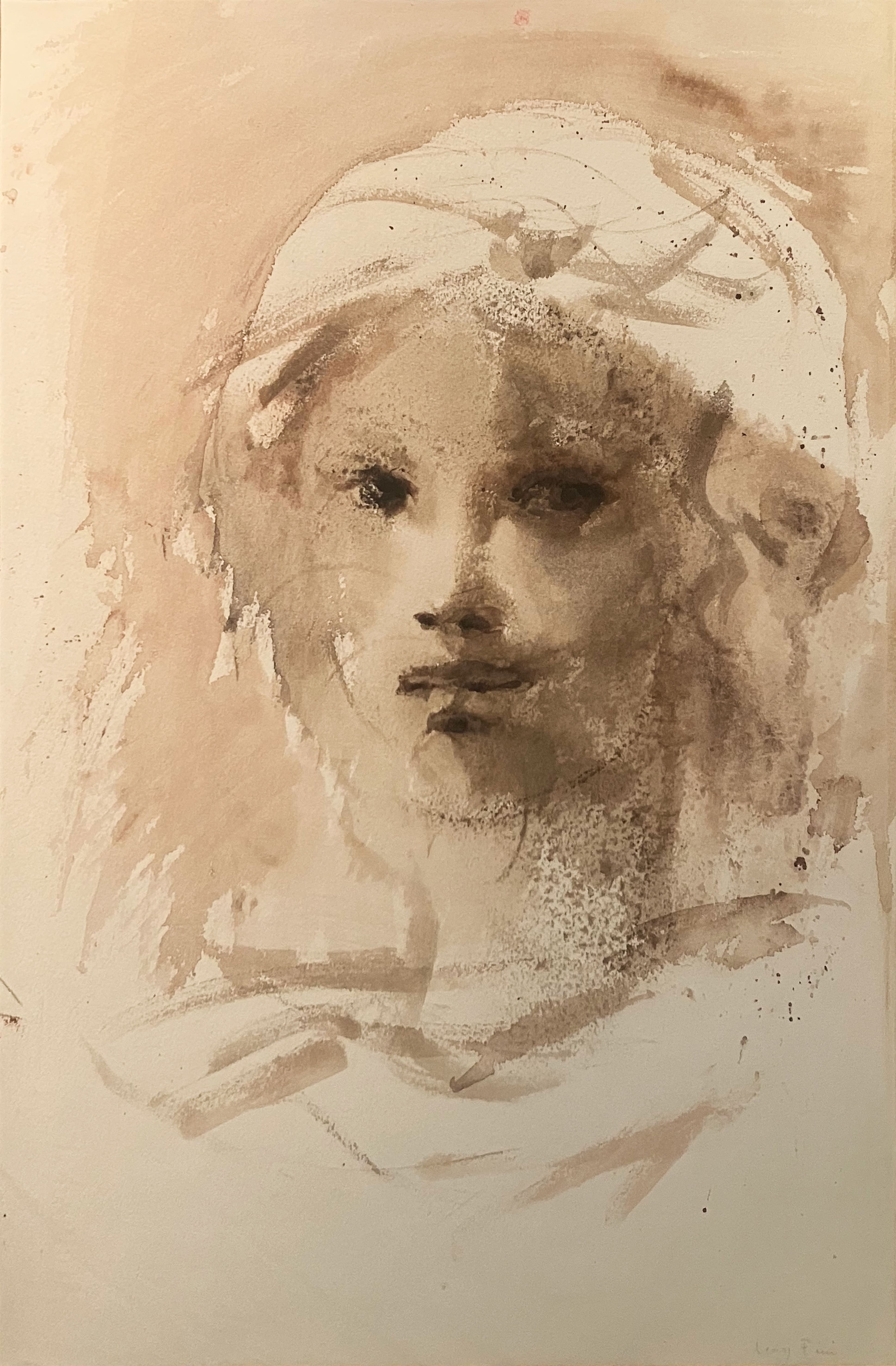 Portrait of a young woman wearing a scarf, 1972, brown wash with a brush by Léonor Fini (1908-1996), framed and signed, modern work of art exhibited at Galerie AB — Agnès Aittouares, Paris, Paris, ideal for collectors and lovers of rare drawings.