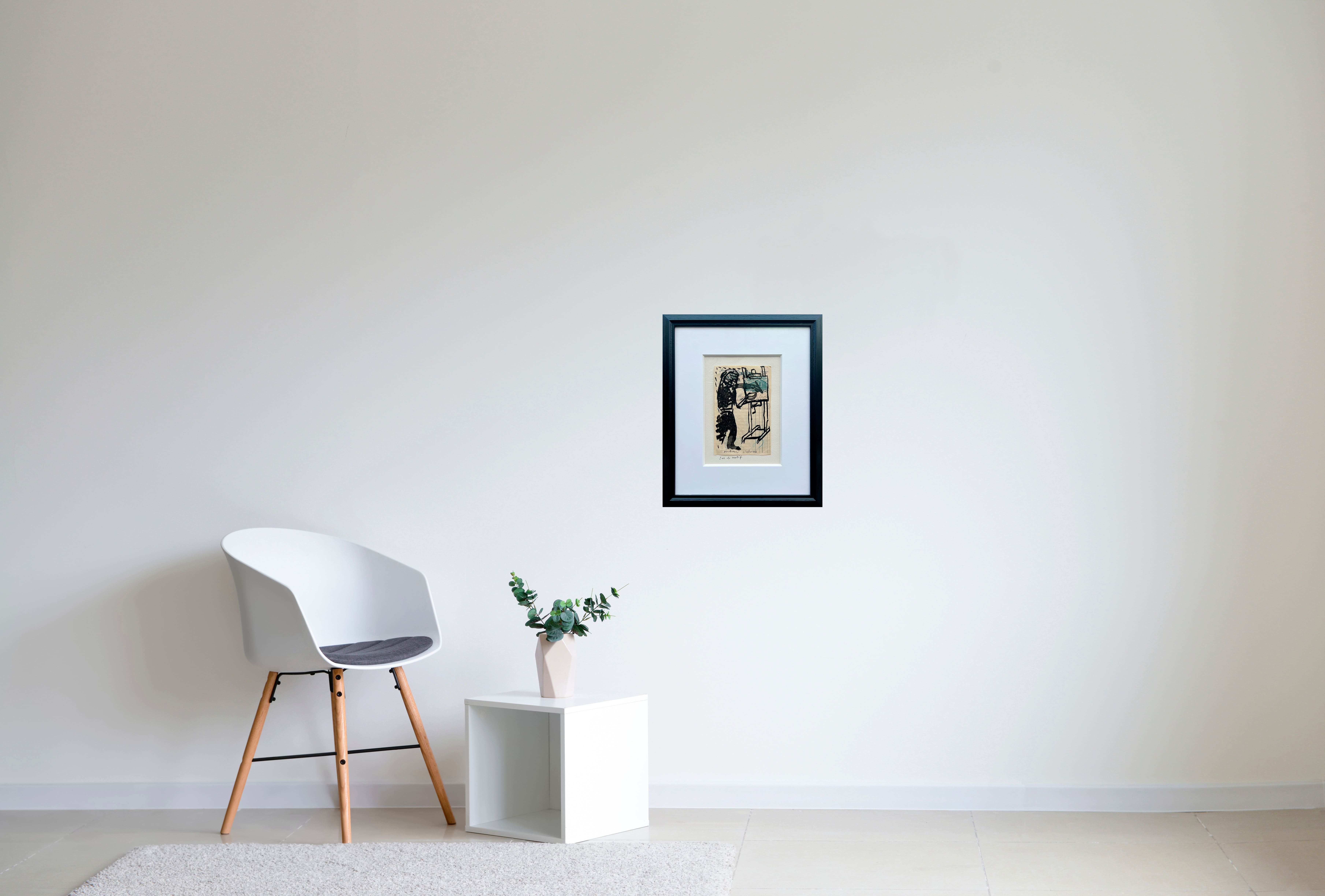 Autoportrait de Pierre Alechinsky à l’encre de Chine sur papier, artiste représenté au chevalet en situation de création, composition dynamique, lignes calligraphiques expressives et geste libre, œuvre du mouvement CoBrA présentée à la Galerie AB, langage graphique puissant et énergie caractéristique de l’art moderne.