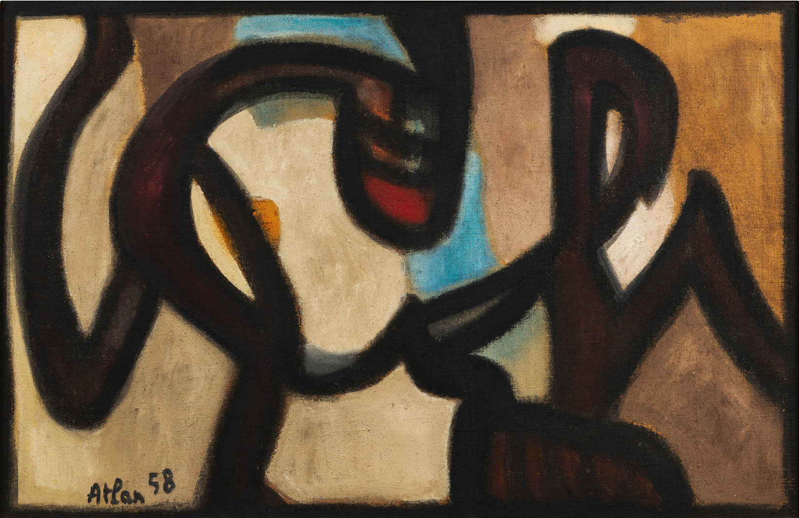 Yunnan work by Jean-Michel Atlan, abstract painting inspired by Asia, organic forms and symbolic signs, dense and rhythmic composition, deep colors and expressive material, lyrical and primitive pictorial vocabulary characteristic of the artist, presented at Galerie AB, a major figure in post-war abstraction.