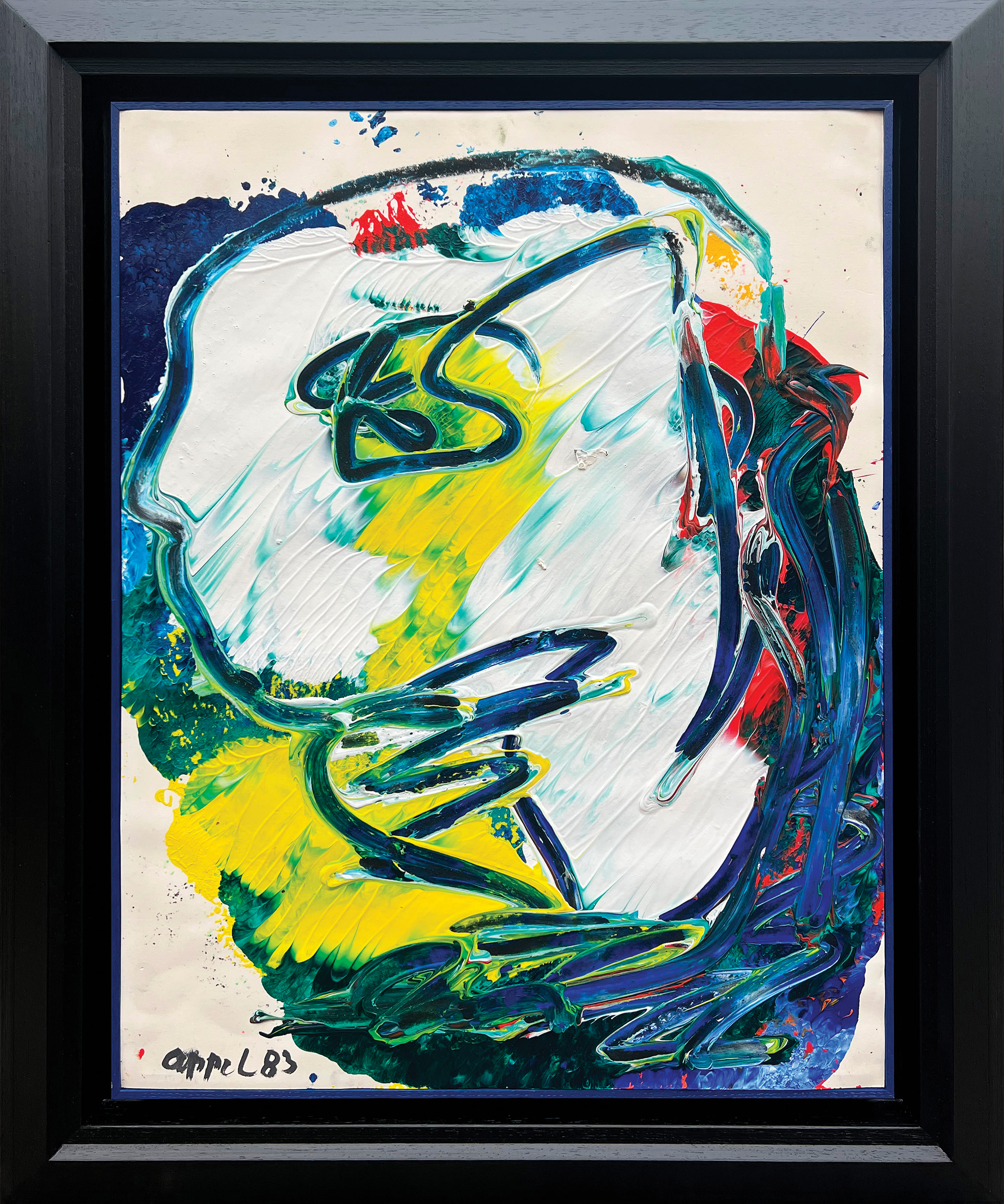 Framed portrait of Karel Appel, made in 1983, expressionist work with a gestural touch and intense colors, Galerie AB, Paris.
