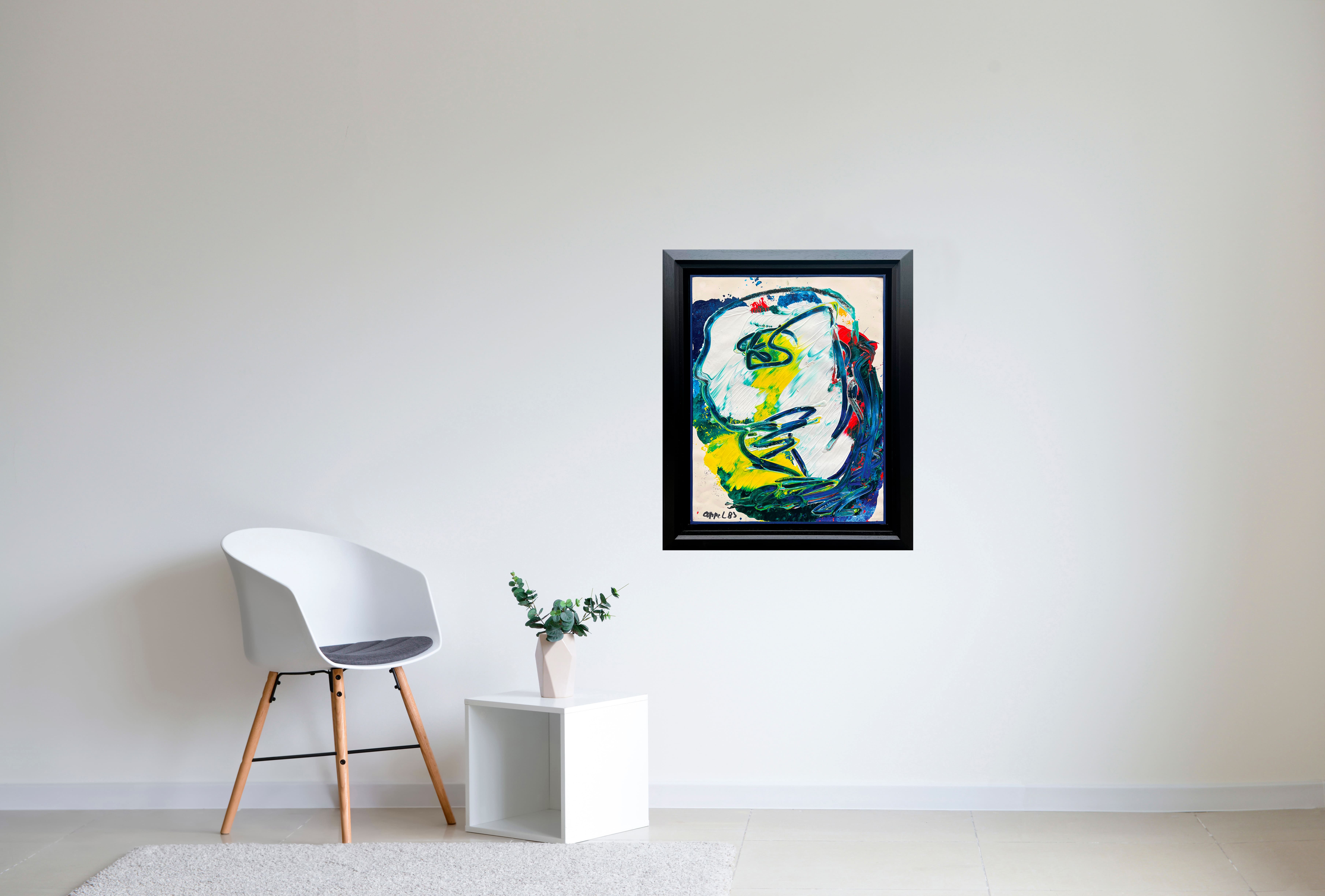 Portrait of Karel Appel created in 1983, expressionist work in intense colors, presented framed and set in a collection space, Galerie AB, Paris.