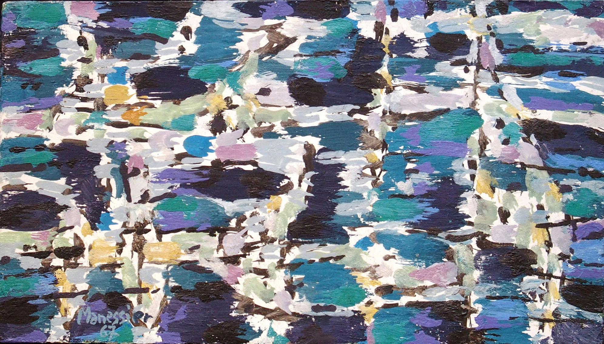 Oil on panel created by Alfred Manessier in 1967, abstract work with vibrant colors and structured composition, presented at Galerie AB, Paris.