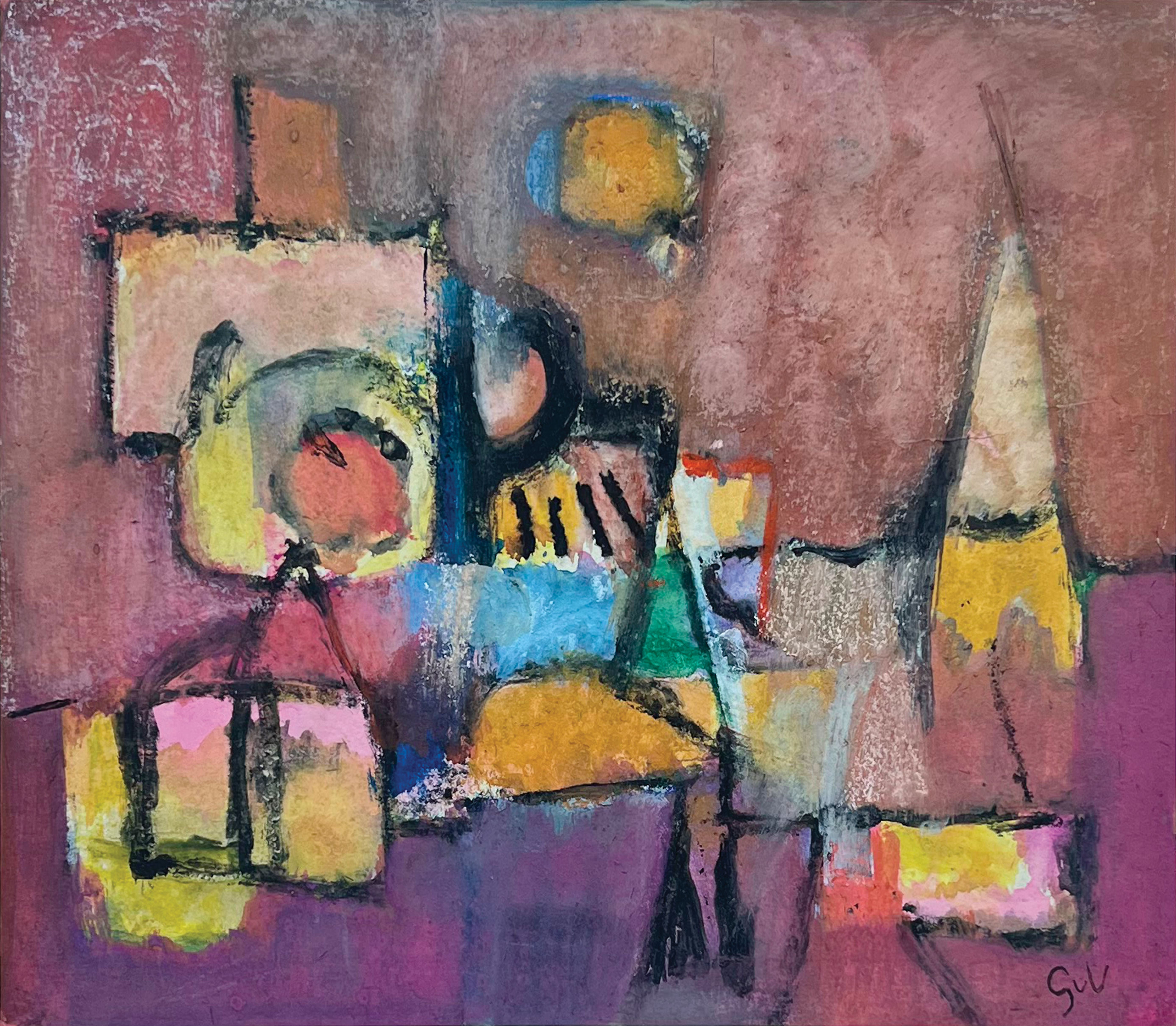 Gouache by Geer van Velde, circa 1939, abstract composition with geometric shapes and nuanced colors, presented at Galerie AB in Paris