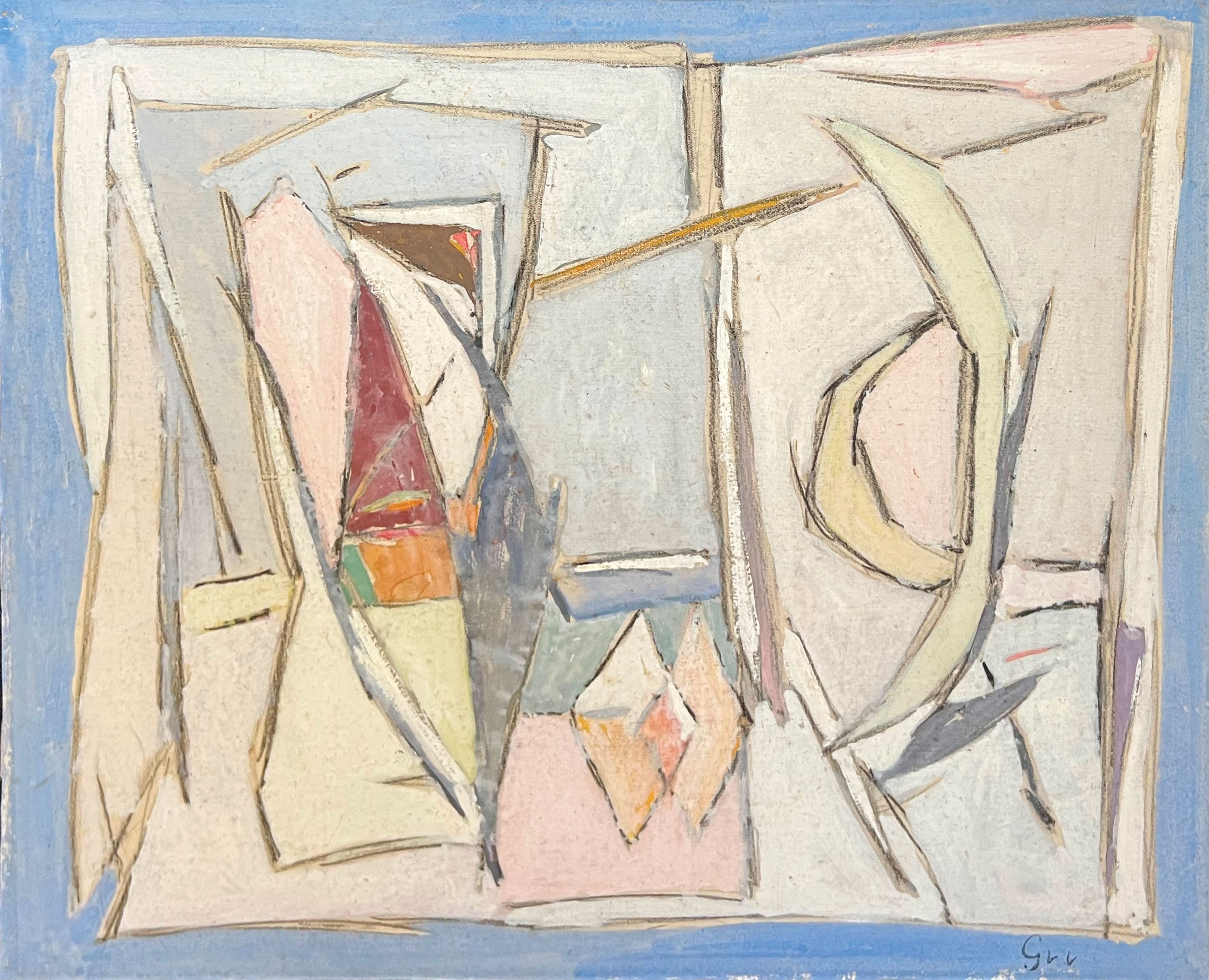 Work by Geer van Velde created in 1955, abstract composition with geometric shapes and subtle colors, presented at Galerie AB in Paris.