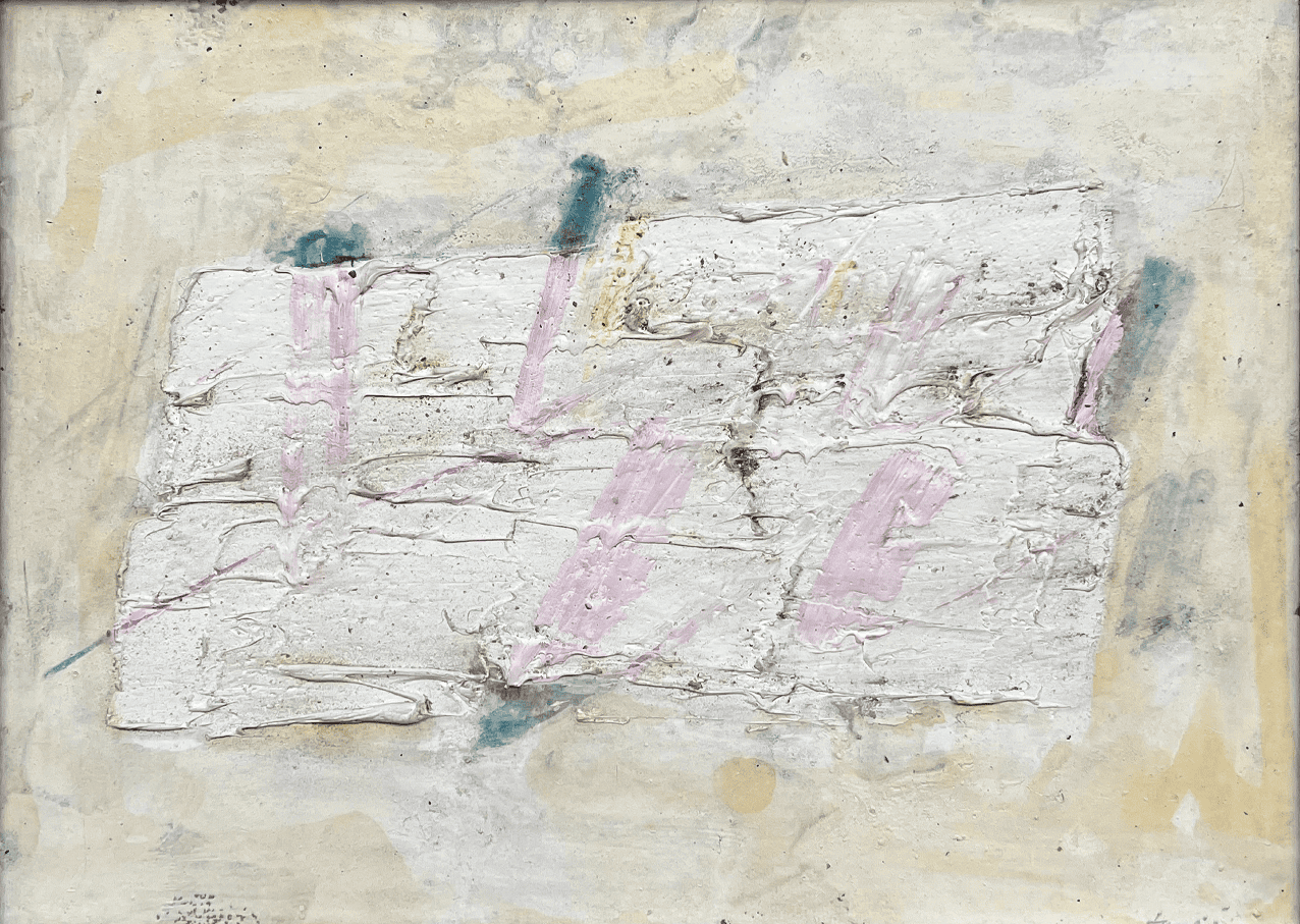 Jean Fautrier, Lignes colorées, 1958, pigment sur papier marouflé sur toile, 32 x 45 cm, composition abstraite aux lignes colorées, œuvre signée et répertoriée au catalogue raisonné, exposée au Grand Palais et au Musée d’Art Moderne de la Ville de Paris.