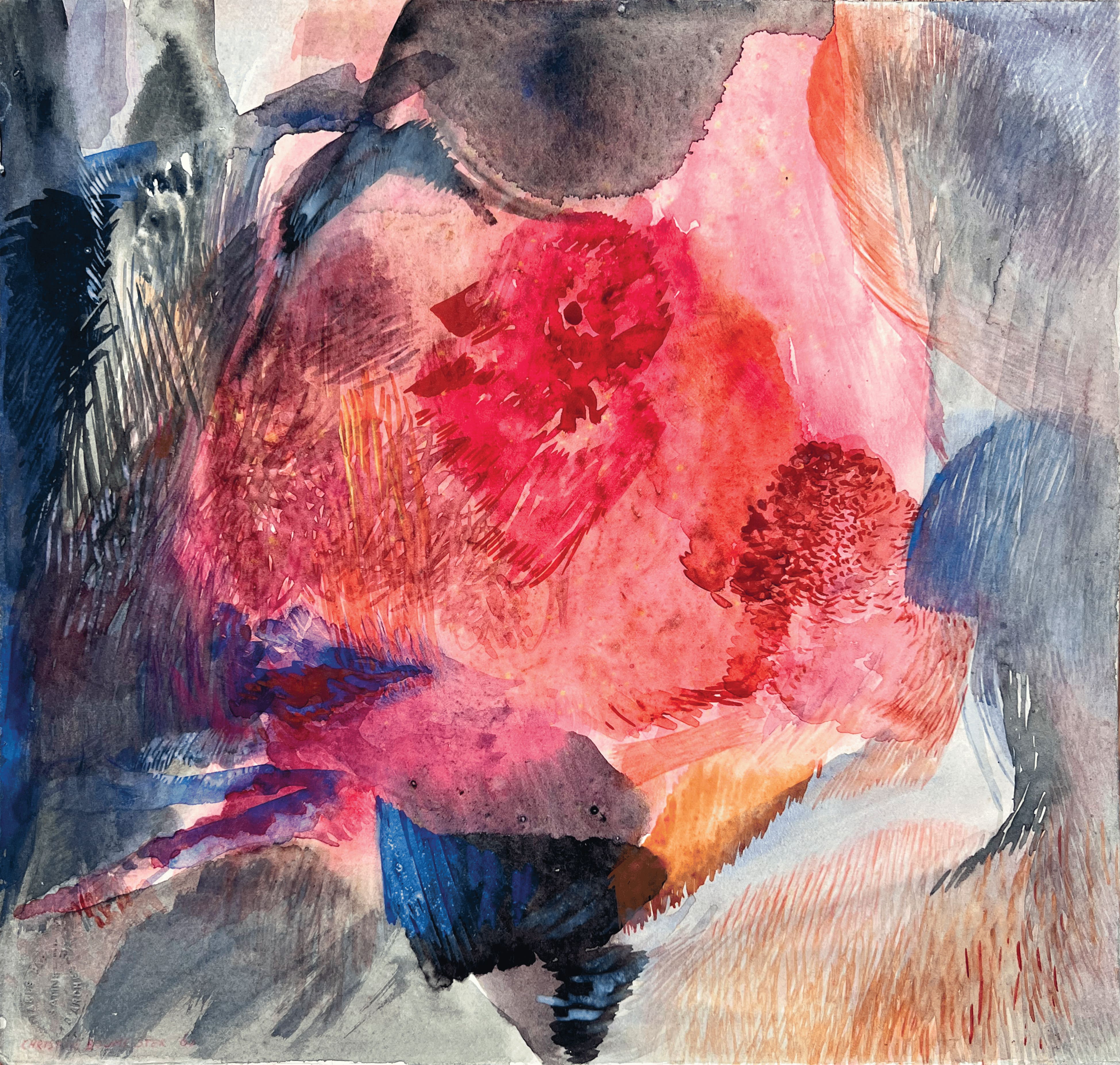 Christine Boumeester (1904-1971), aquarelle sur papier, 1961, composition abstraite évoquant une fleur aux nuances rouges, mauves et bleues, exemple du style poétique et coloré de cette artiste néerlandaise de l’École de Paris