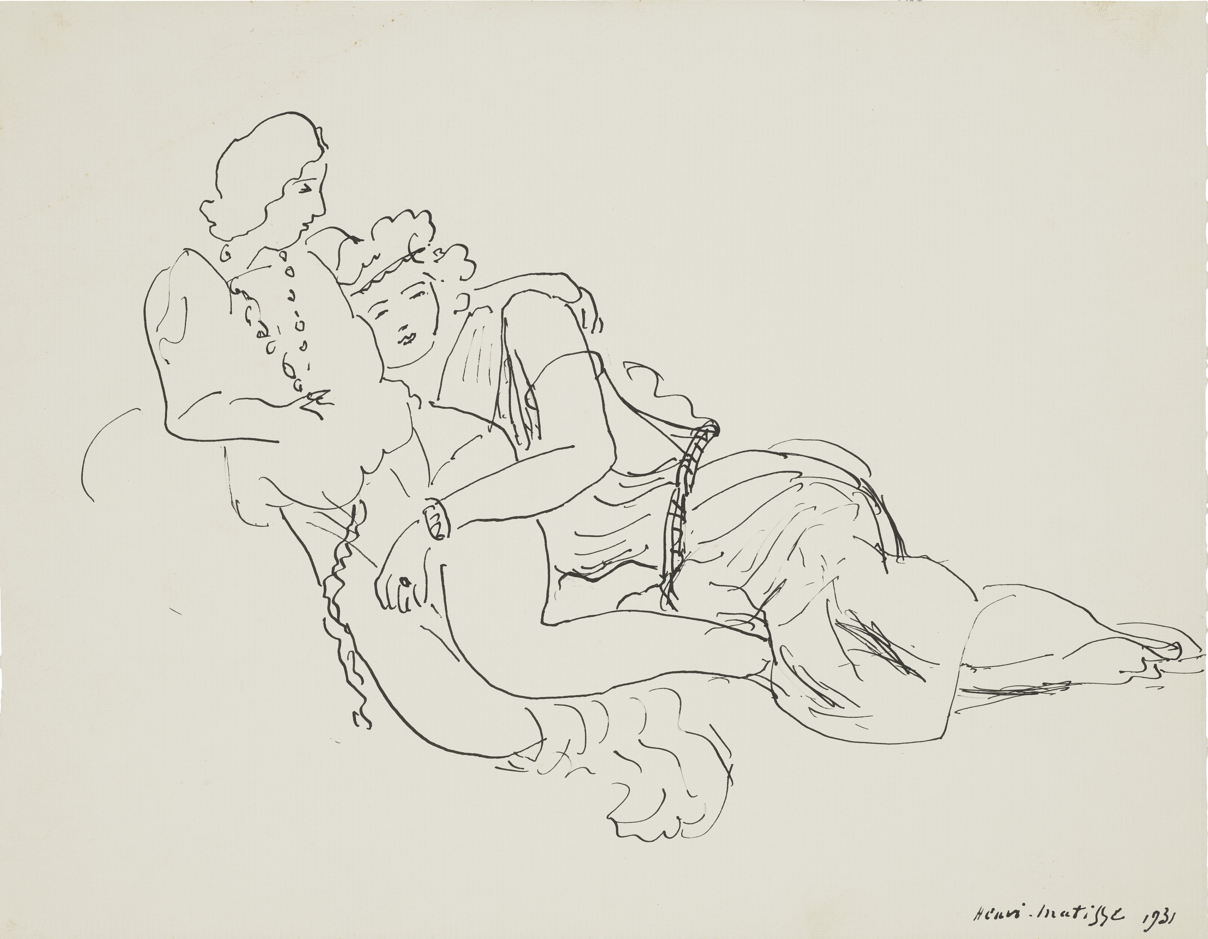 Henri Matisse, Deux femmes allongées, 1931, encre de Chine à la plume sur papier. Deux figures féminines orientales représentées allongées, traitées en aplats de lignes fluides et épurées, dans un style orientaliste caractéristique de l'œuvre graphique de Matisse.