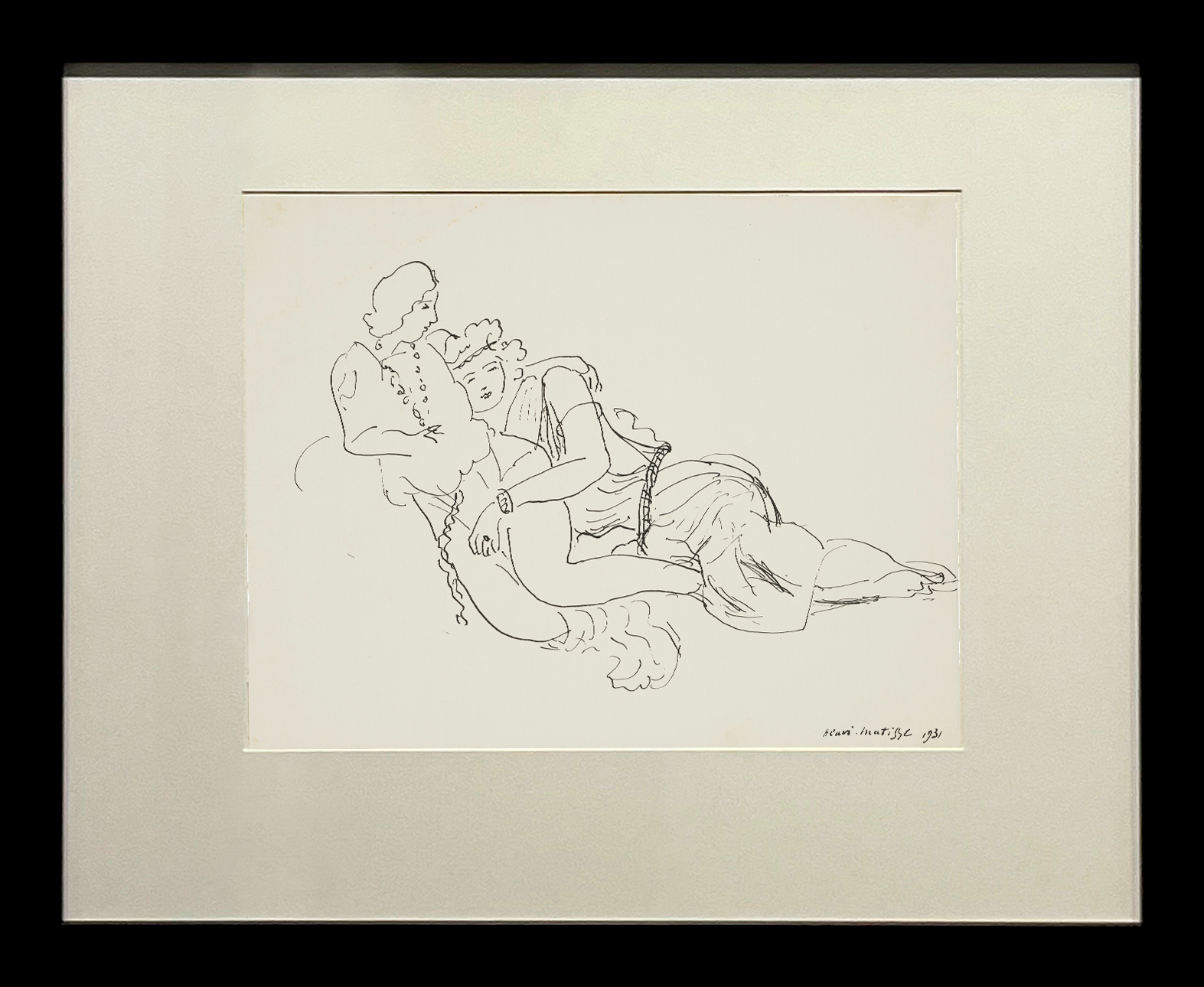 Henri Matisse, Two Reclining Women, 1931, Indian ink on paper, presented in a frame. Two oriental female figures rendered with refined and fluid lines, in an Orientalist style characteristic of Matisse's graphic work, framed under glass. 
