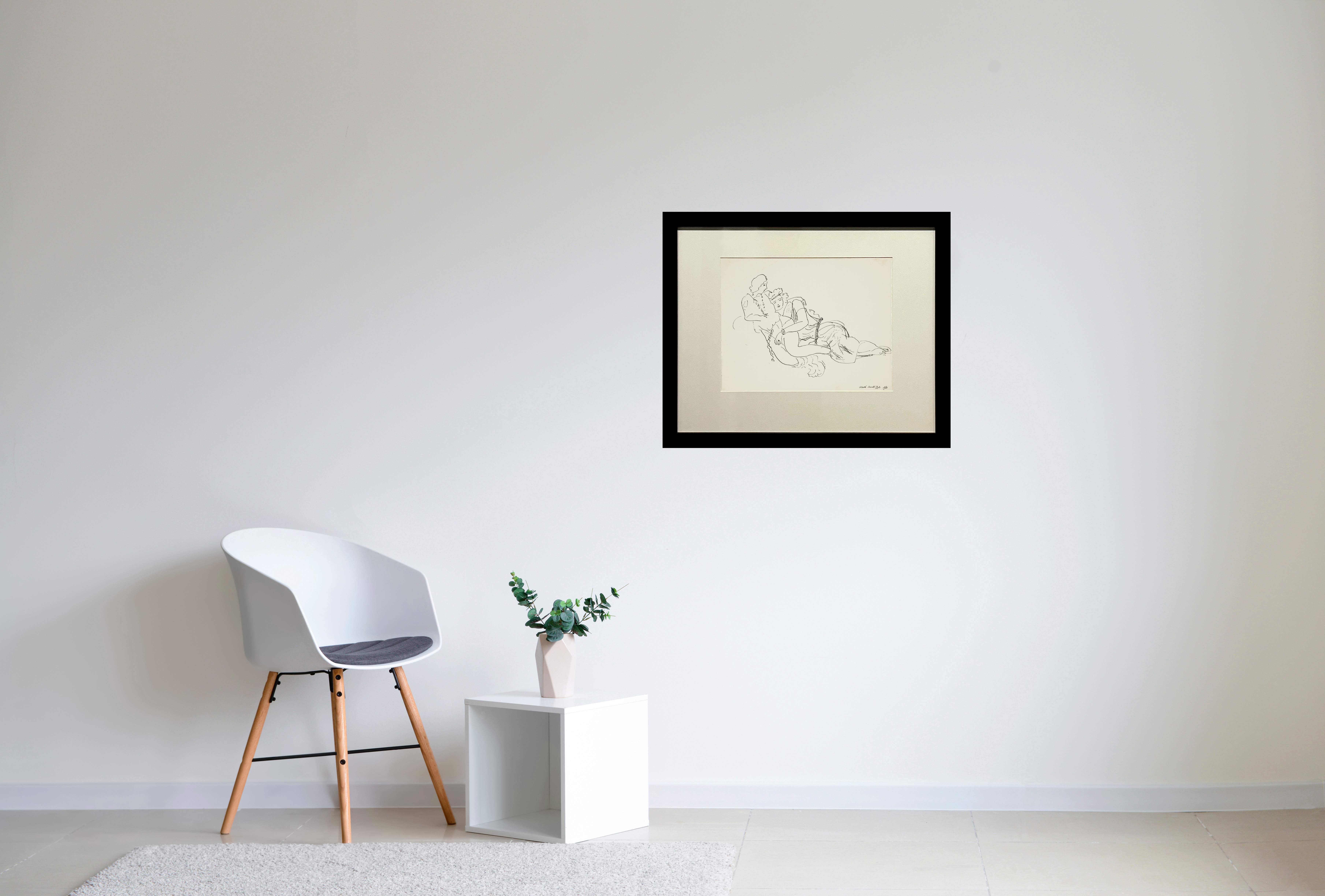 Contextual image of a framed drawing by Henri Matisse, 1931, Indian ink – two reclining oriental female figures, refined lines, Orientalist style, shown hanging on an interior wall.